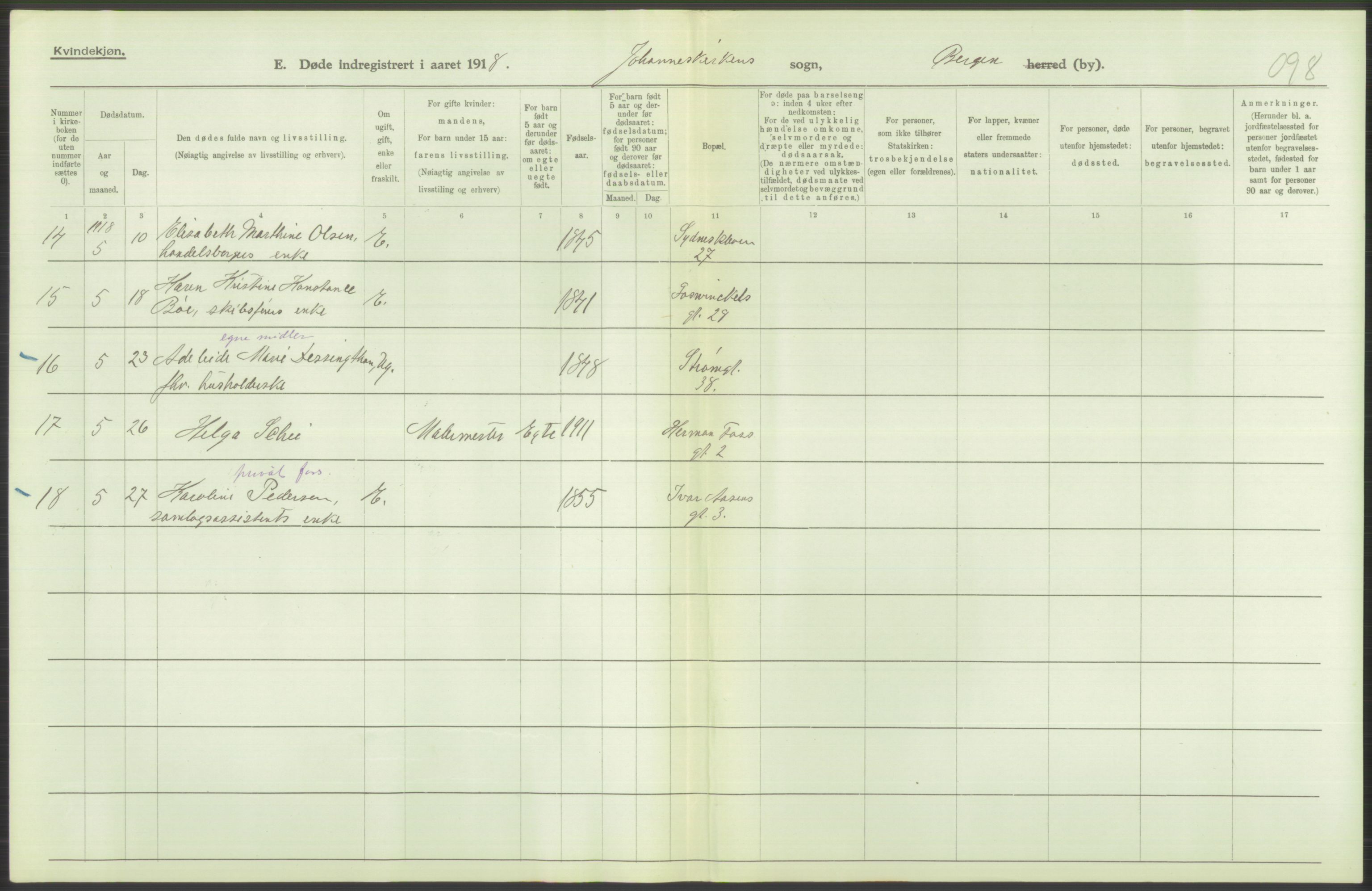 Statistisk sentralbyrå, Sosiodemografiske emner, Befolkning, AV/RA-S-2228/D/Df/Dfb/Dfbh/L0039: Bergen: Døde., 1918, s. 288