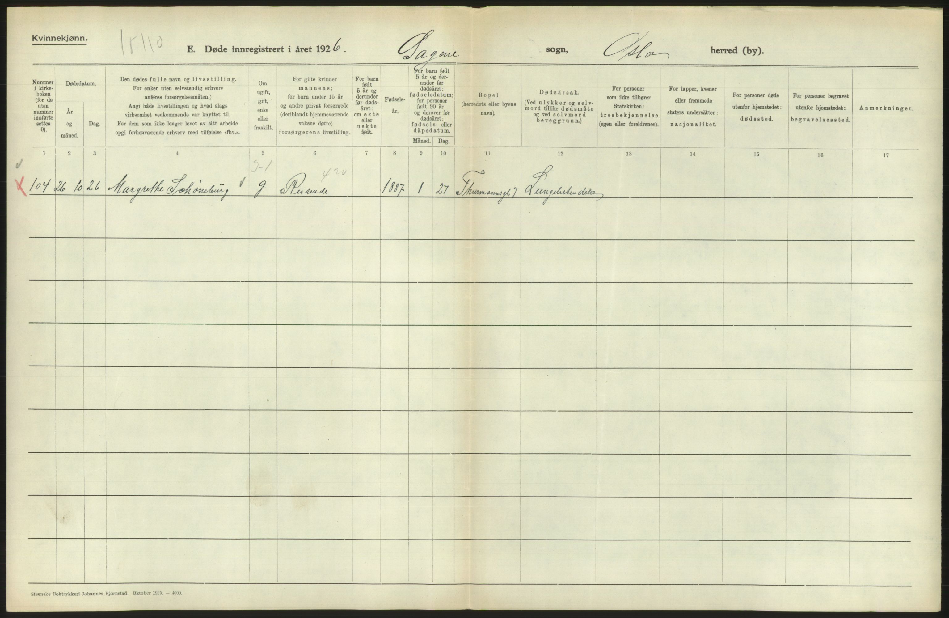 Statistisk sentralbyrå, Sosiodemografiske emner, Befolkning, AV/RA-S-2228/D/Df/Dfc/Dfcf/L0010: Oslo: Døde kvinner, dødfødte, 1926, s. 392