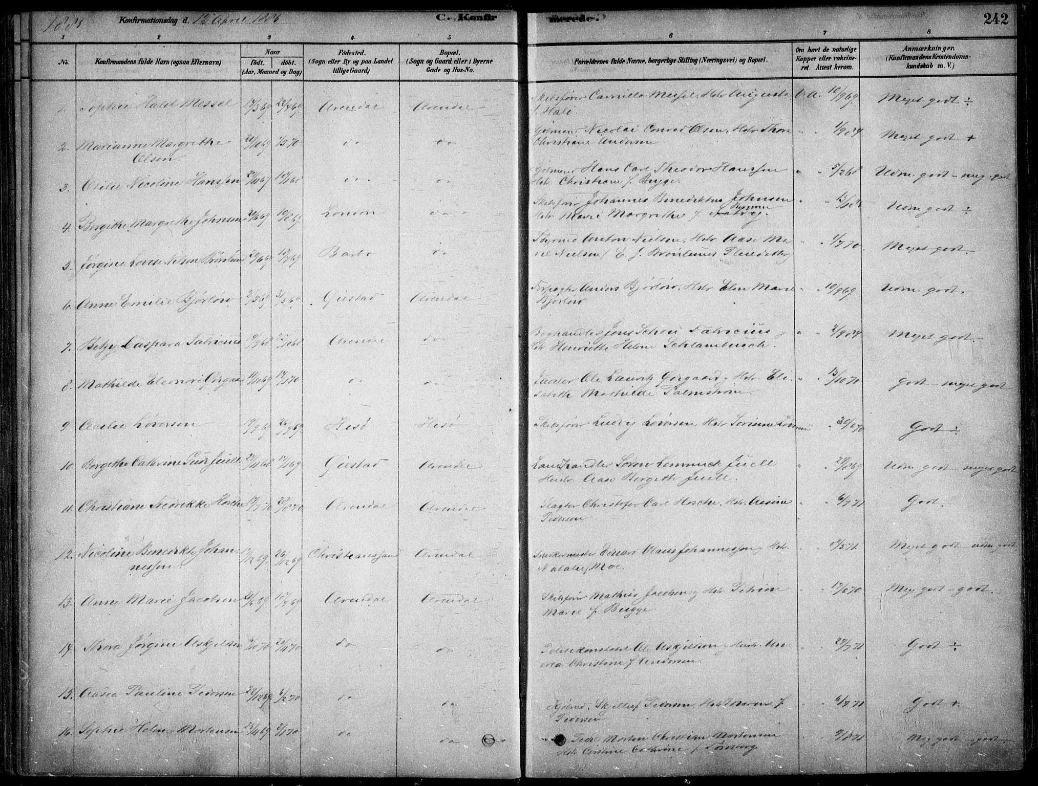 Arendal sokneprestkontor, Trefoldighet, AV/SAK-1111-0040/F/Fa/L0008: Ministerialbok nr. A 8, 1878-1899, s. 242