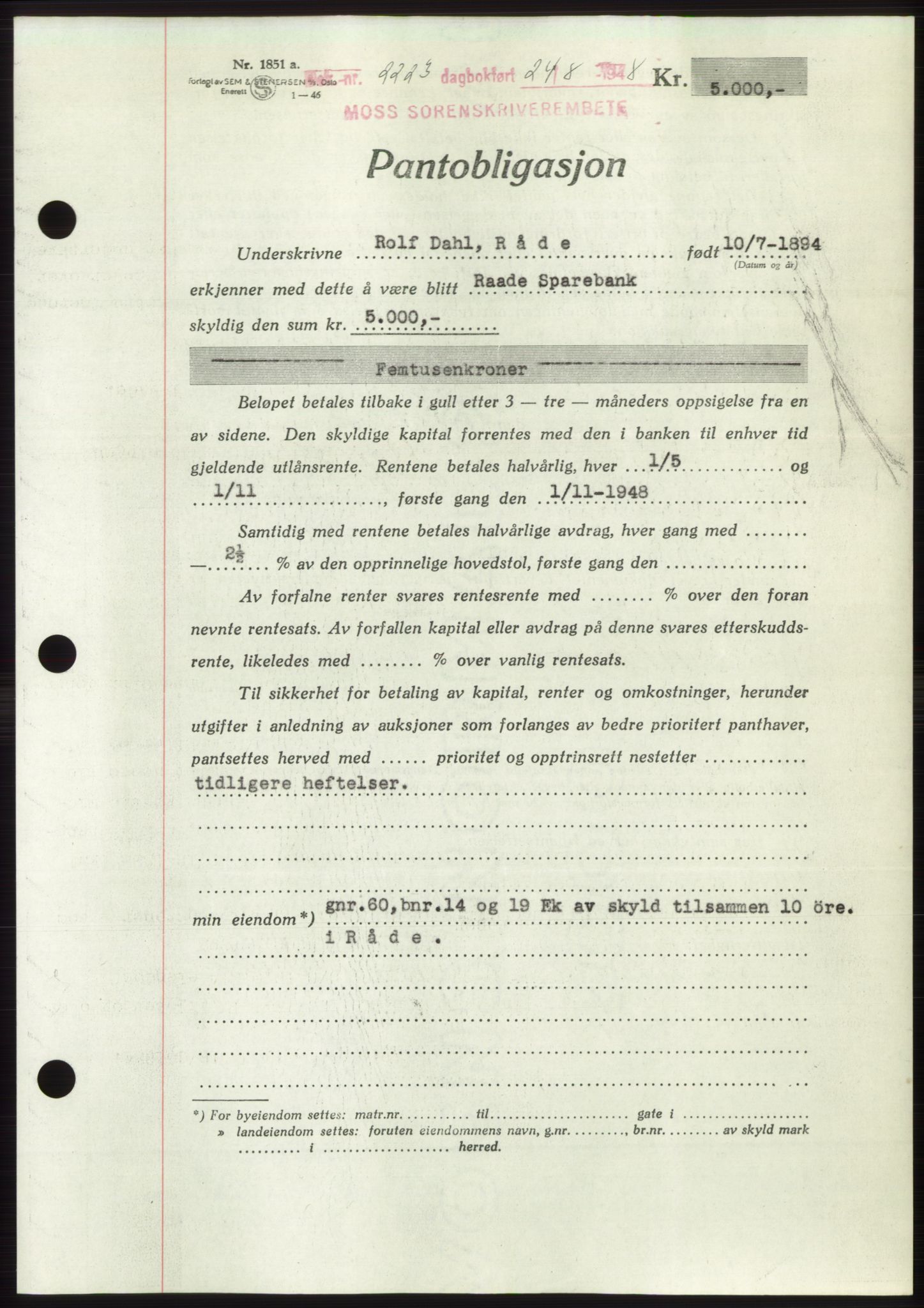Moss sorenskriveri, AV/SAO-A-10168: Pantebok nr. B20, 1948-1948, Dagboknr: 2223/1948