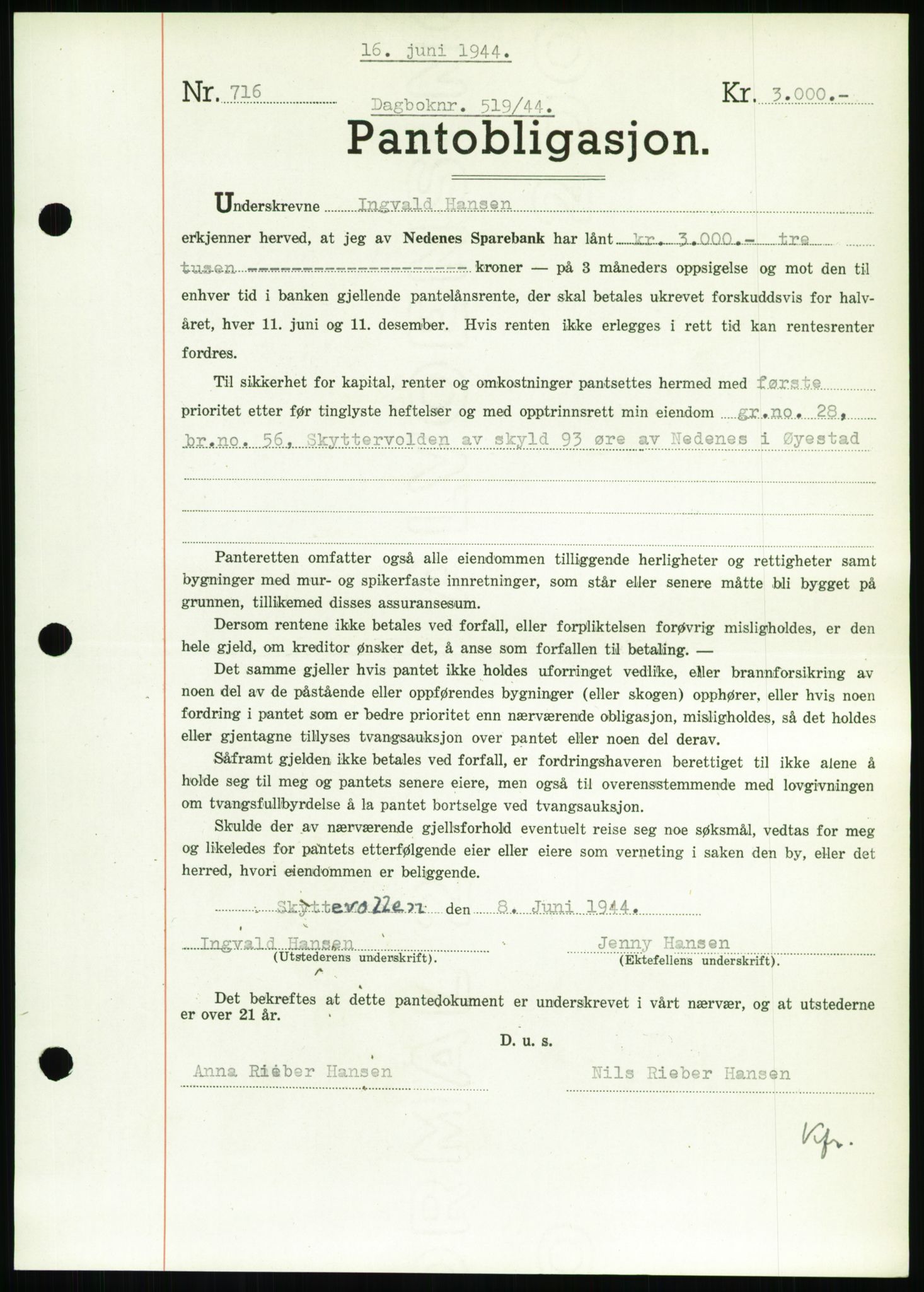 Nedenes sorenskriveri, SAK/1221-0006/G/Gb/Gbb/L0002: Pantebok nr. II, 1942-1945, Dagboknr: 519/1944