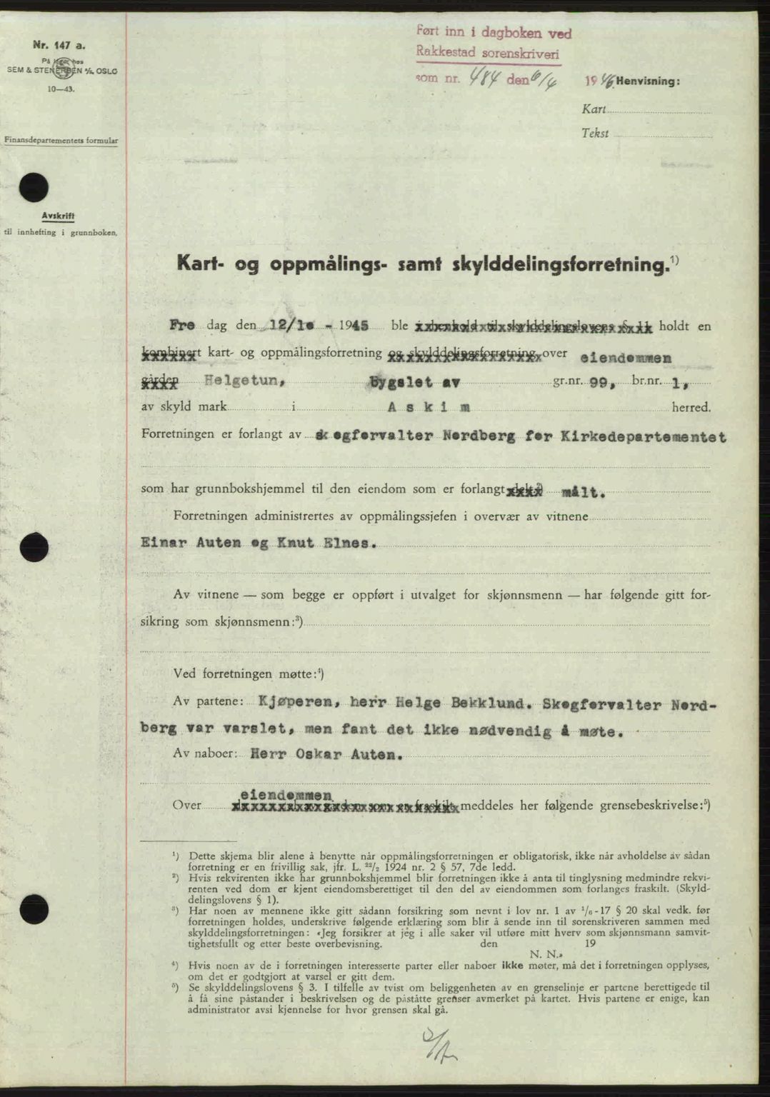 Rakkestad sorenskriveri, AV/SAO-A-10686/G/Gb/Gba/Gbab/L0012a: Pantebok nr. A12 I, 1945-1946, Dagboknr: 484/1946