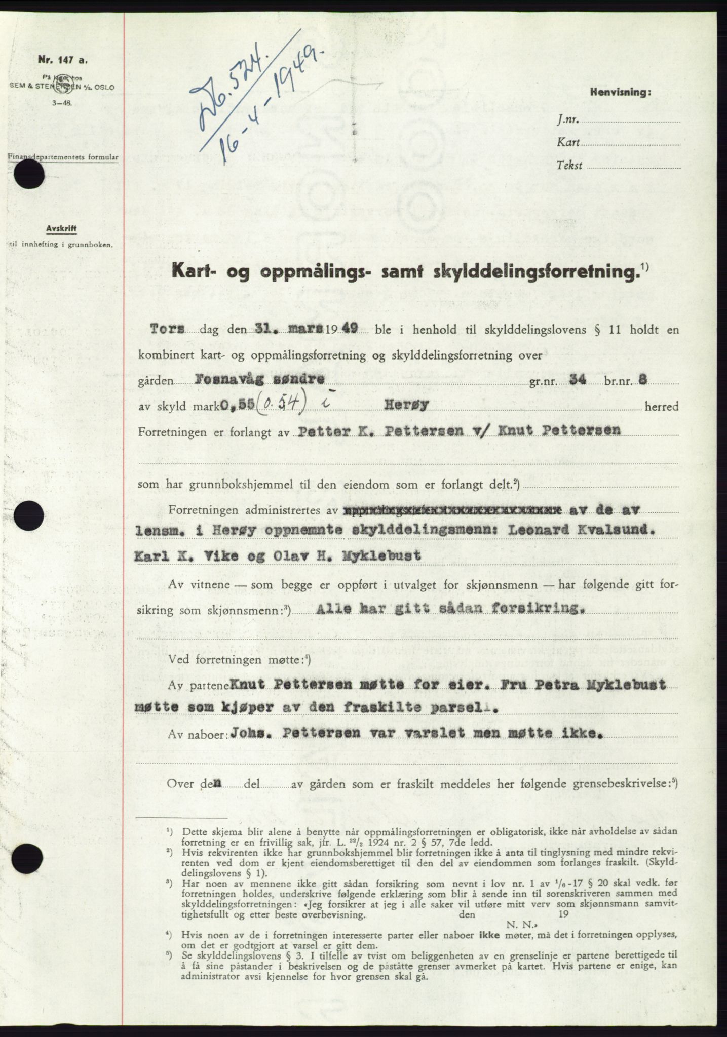 Søre Sunnmøre sorenskriveri, SAT/A-4122/1/2/2C/L0084: Pantebok nr. 10A, 1949-1949, Dagboknr: 524/1949