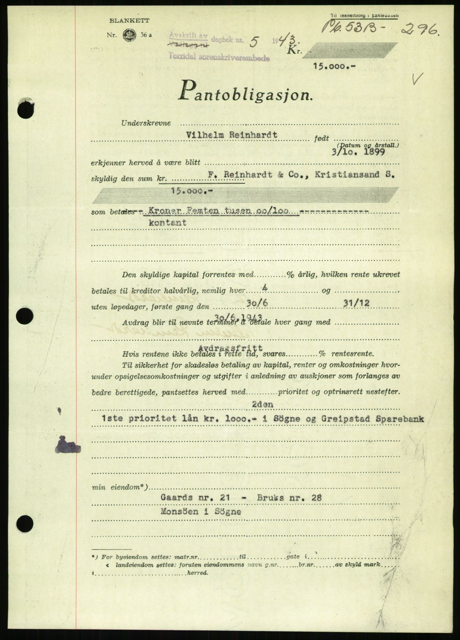 Torridal sorenskriveri, SAK/1221-0012/G/Gb/Gbb/L0009: Pantebok nr. 53b, 1942-1943, Dagboknr: 5/1943