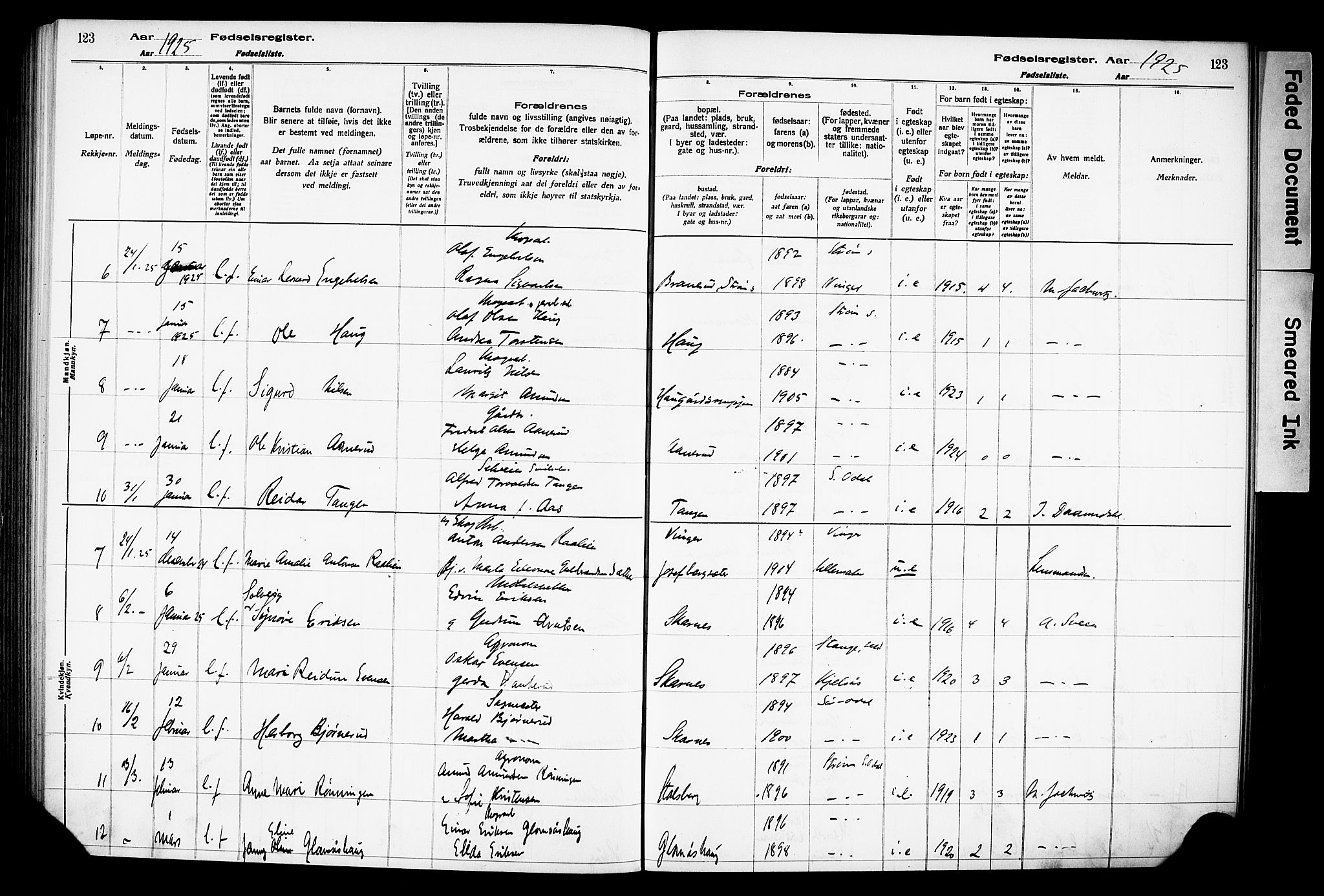 Sør-Odal prestekontor, AV/SAH-PREST-030/I/Id: Fødselsregister nr. 1, 1916-1931, s. 123