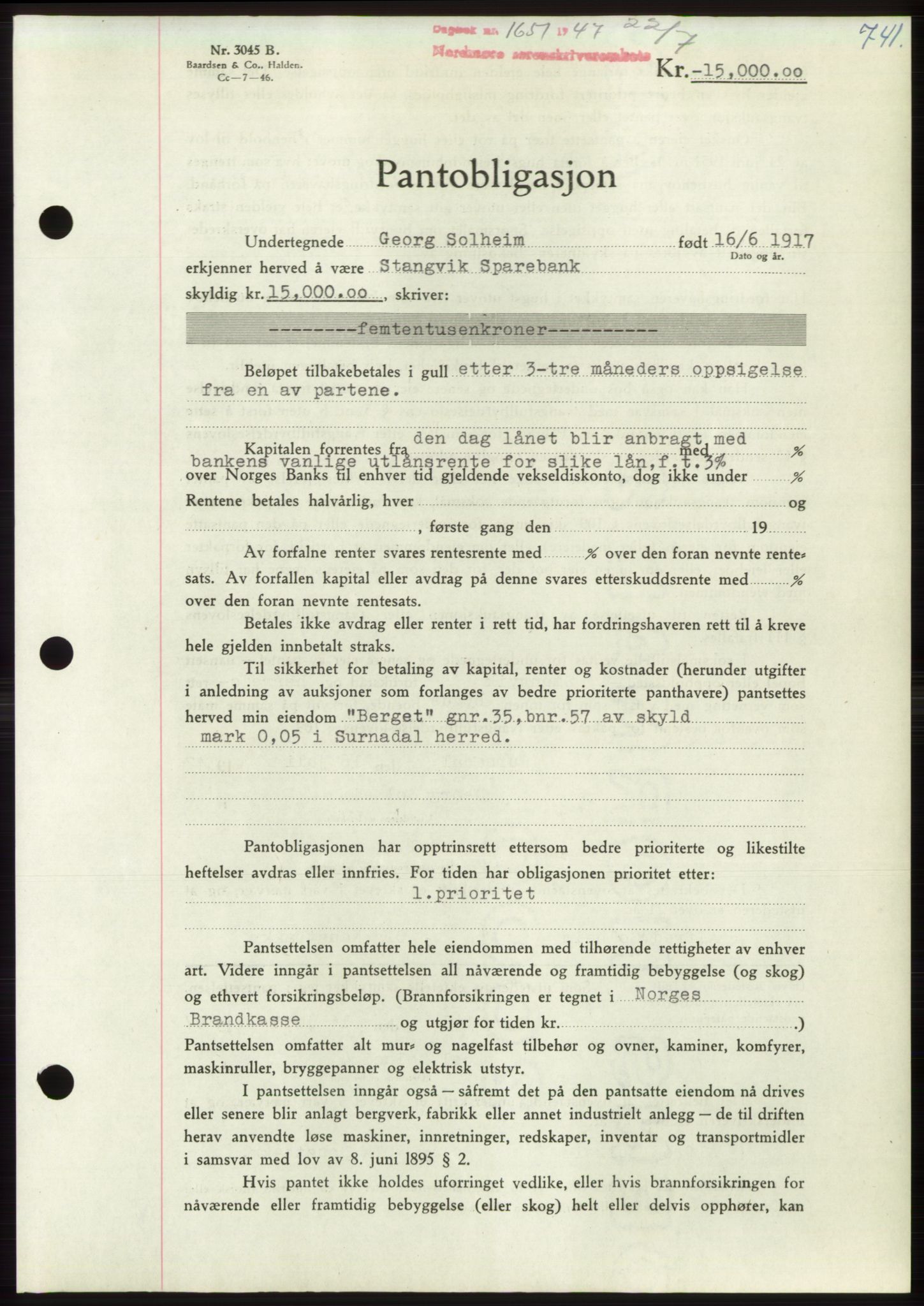 Nordmøre sorenskriveri, AV/SAT-A-4132/1/2/2Ca: Pantebok nr. B96, 1947-1947, Dagboknr: 1651/1947