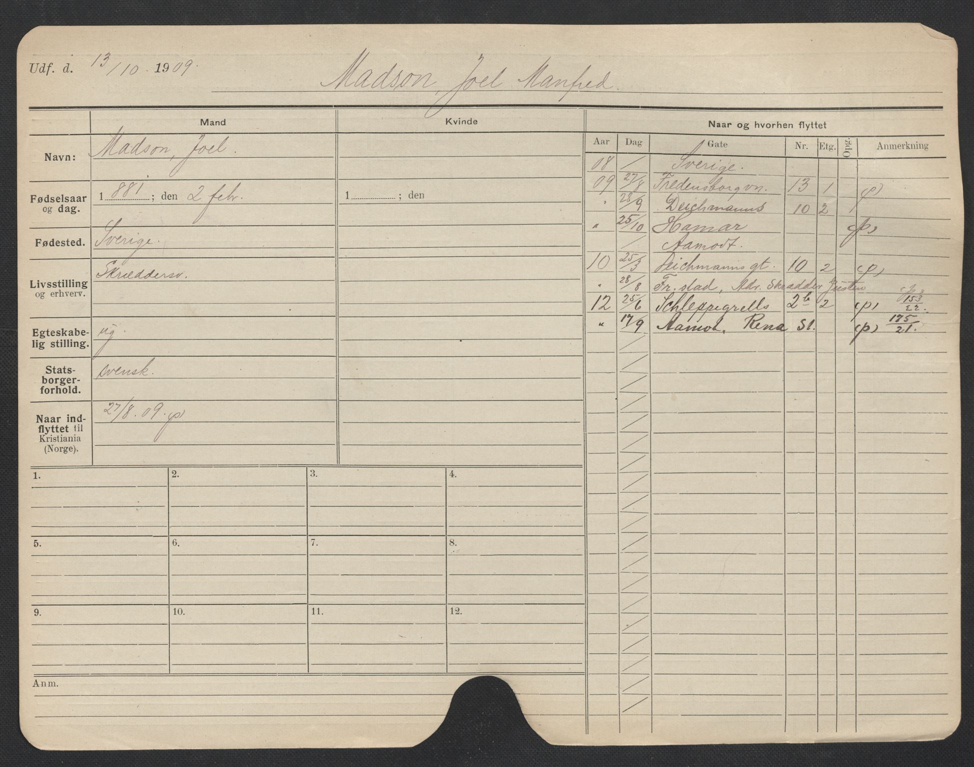 Oslo folkeregister, Registerkort, AV/SAO-A-11715/F/Fa/Fac/L0007: Menn, 1906-1914, s. 455a