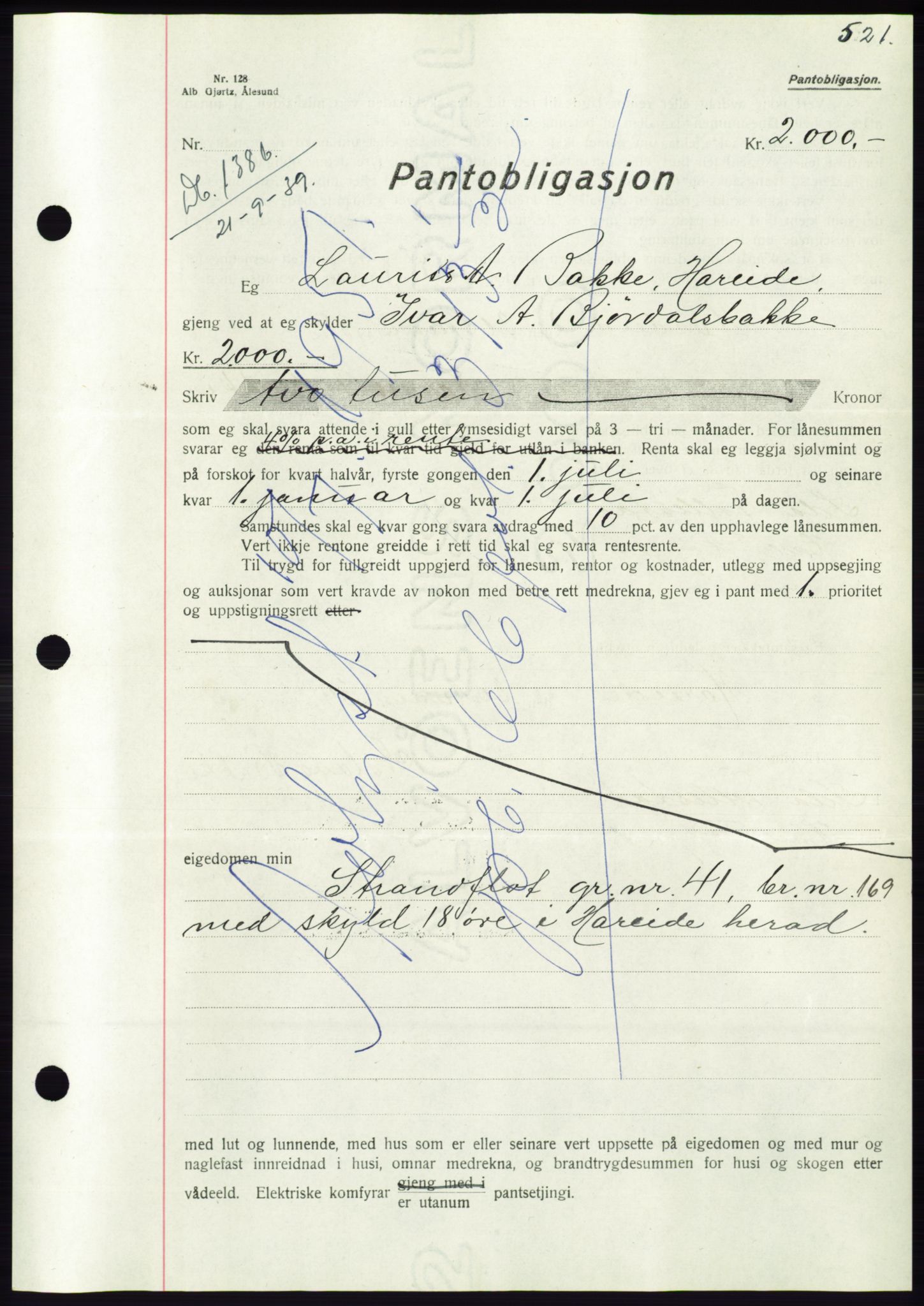 Søre Sunnmøre sorenskriveri, AV/SAT-A-4122/1/2/2C/L0068: Pantebok nr. 62, 1939-1939, Dagboknr: 1386/1939