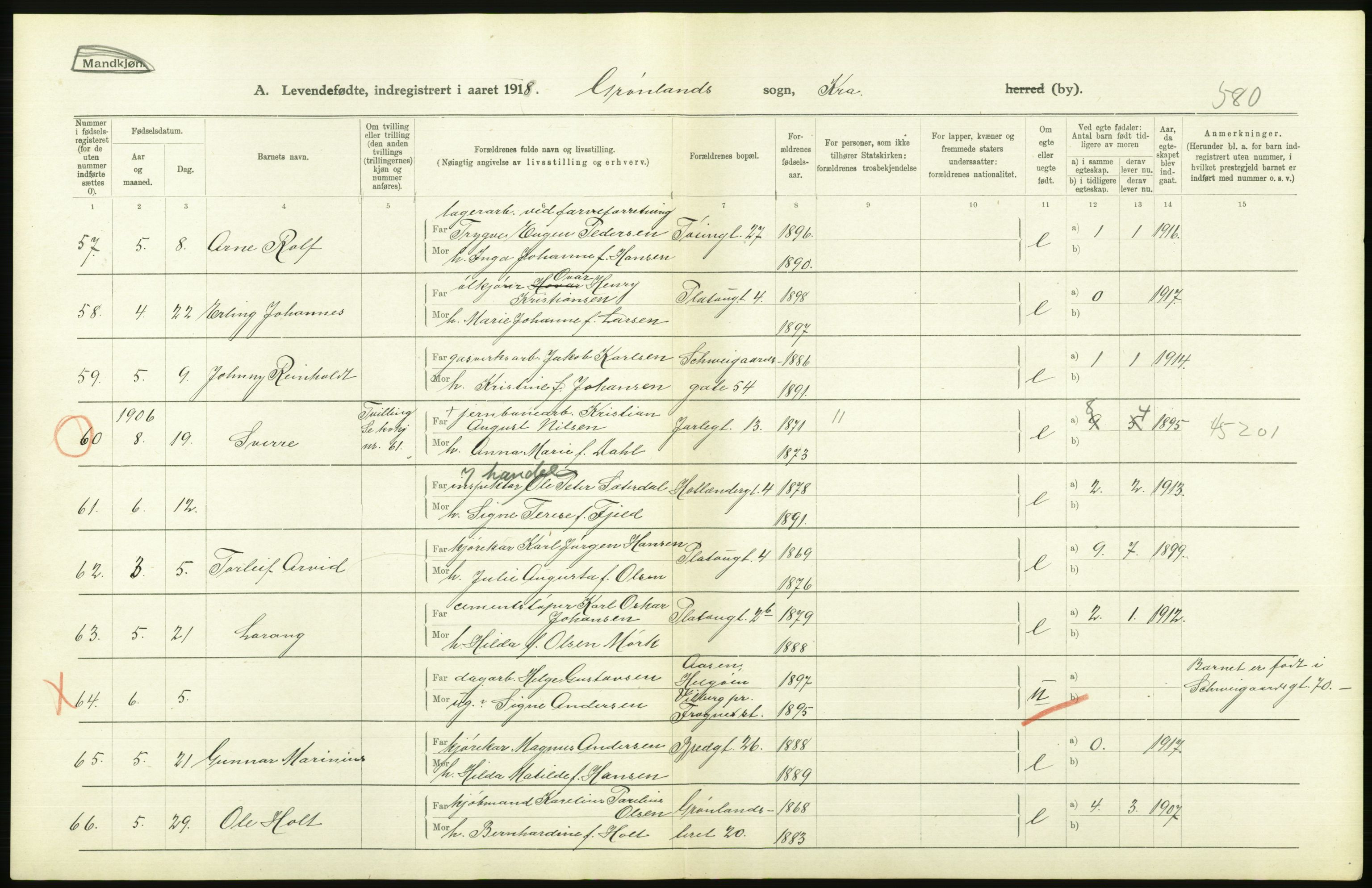 Statistisk sentralbyrå, Sosiodemografiske emner, Befolkning, AV/RA-S-2228/D/Df/Dfb/Dfbh/L0008: Kristiania: Levendefødte menn og kvinner., 1918, s. 764