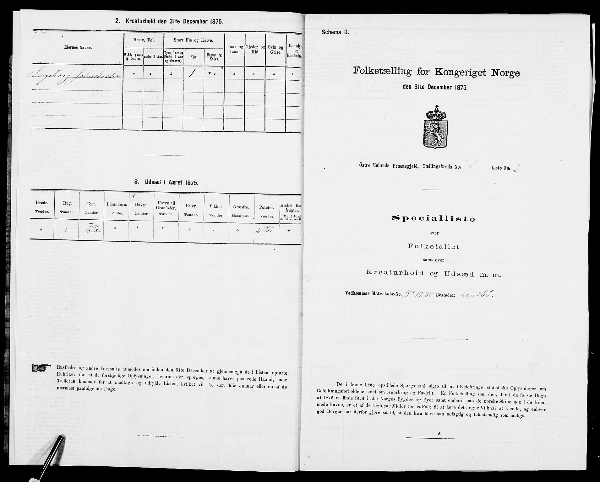 SAK, Folketelling 1875 for 0918P Austre Moland prestegjeld, 1875, s. 2725