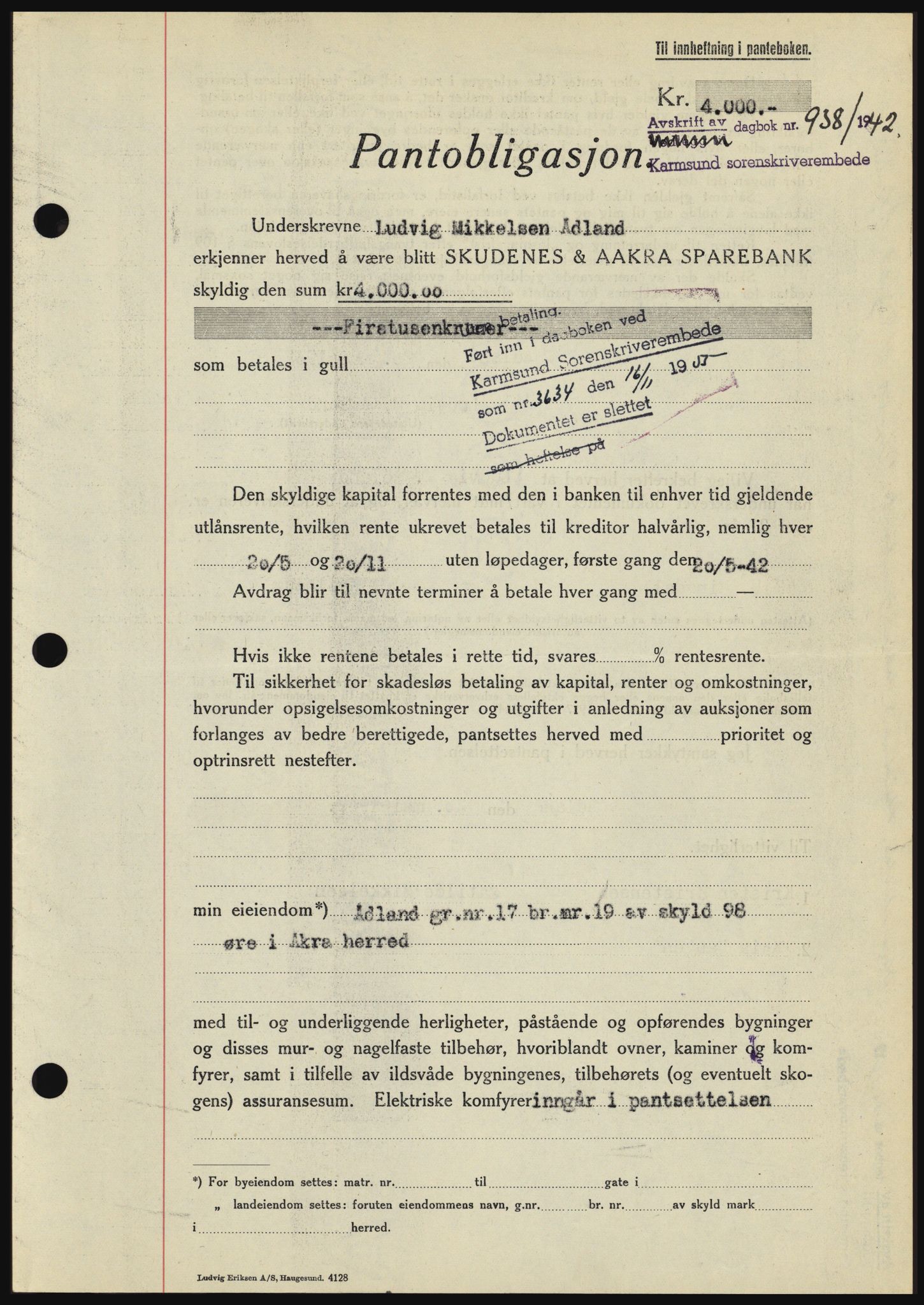 Karmsund sorenskriveri, SAST/A-100311/01/II/IIBBE/L0008: Pantebok nr. B 54, 1942-1943, Dagboknr: 938/1942