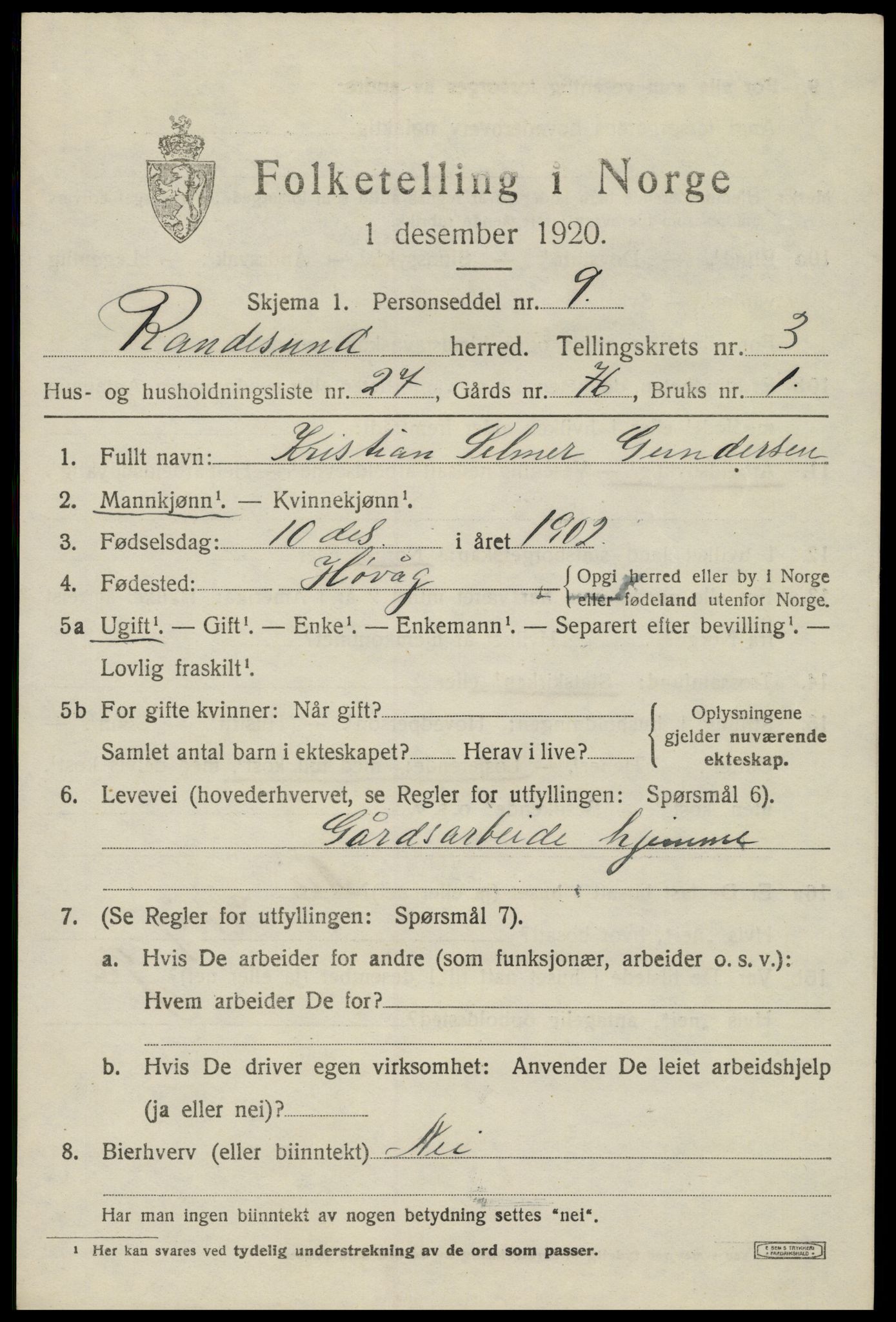 SAK, Folketelling 1920 for 1011 Randesund herred, 1920, s. 1774