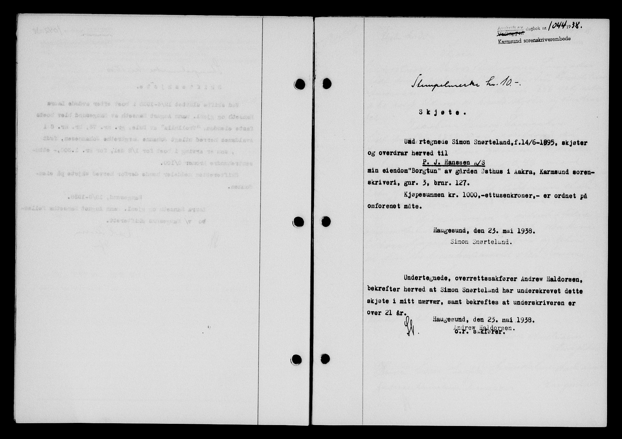 Karmsund sorenskriveri, SAST/A-100311/01/II/IIB/L0069: Pantebok nr. 50A, 1937-1938, Dagboknr: 1044/1938