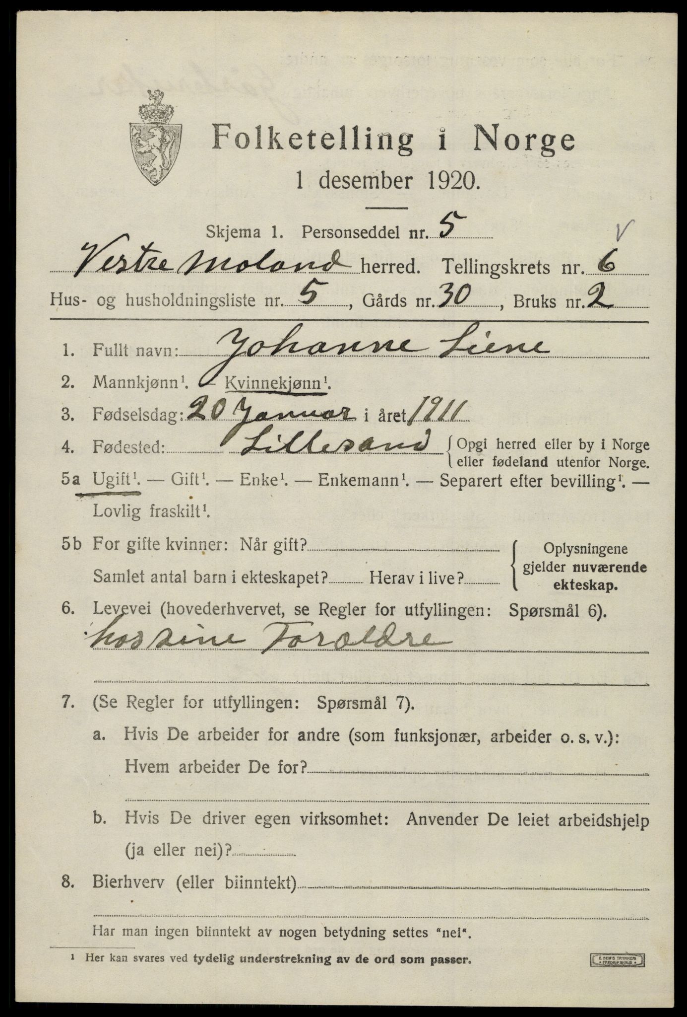SAK, Folketelling 1920 for 0926 Vestre Moland herred, 1920, s. 4637