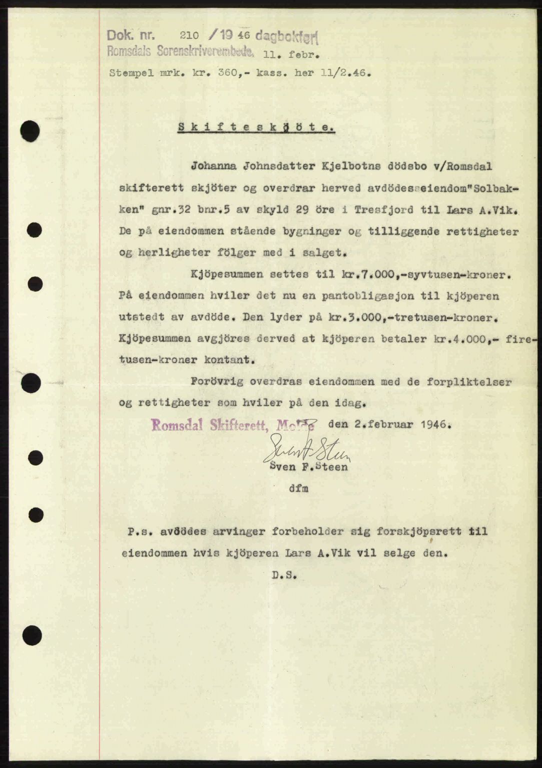 Romsdal sorenskriveri, SAT/A-4149/1/2/2C: Pantebok nr. A19, 1946-1946, Dagboknr: 210/1946