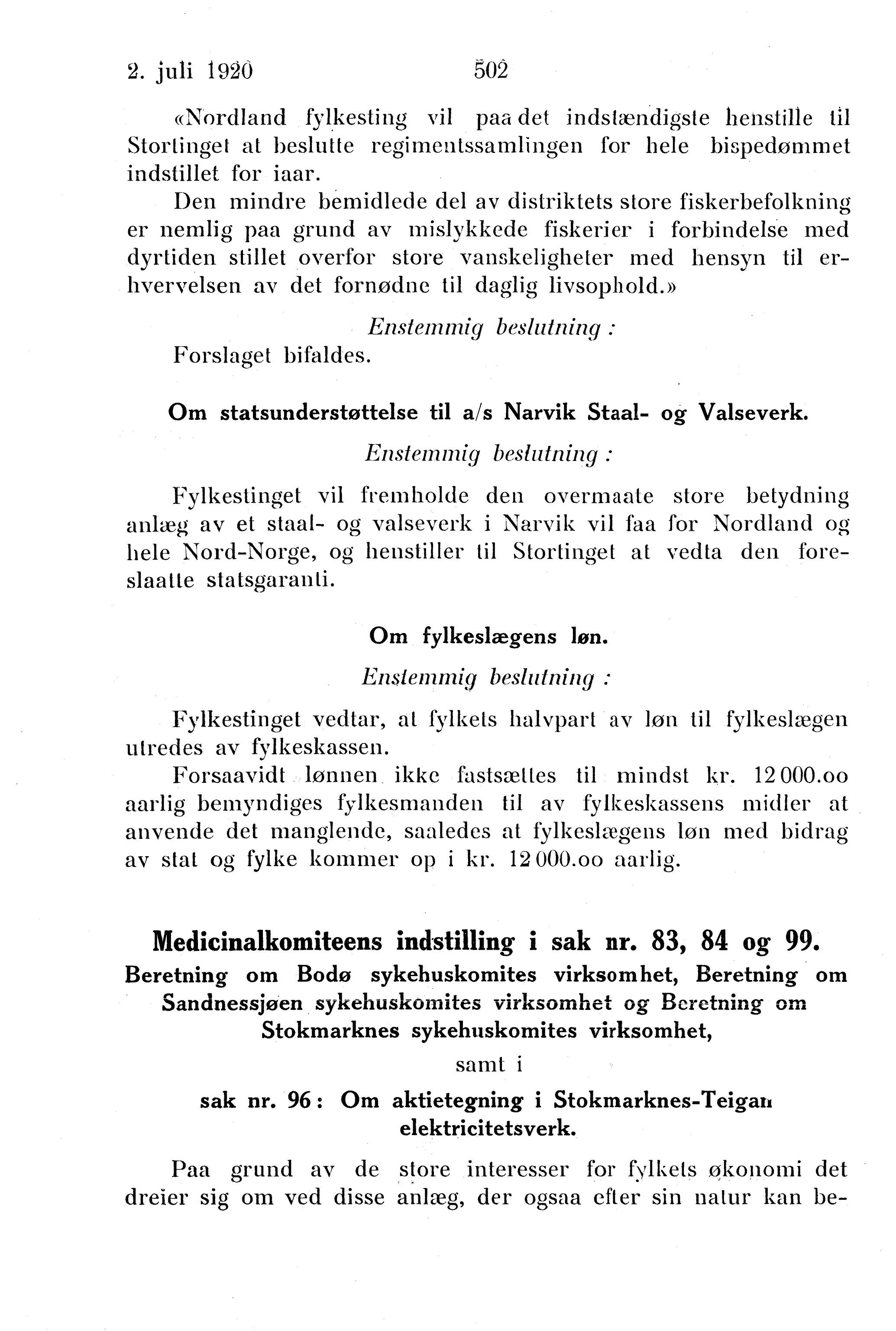 Nordland Fylkeskommune. Fylkestinget, AIN/NFK-17/176/A/Ac/L0043: Fylkestingsforhandlinger 1920, 1920