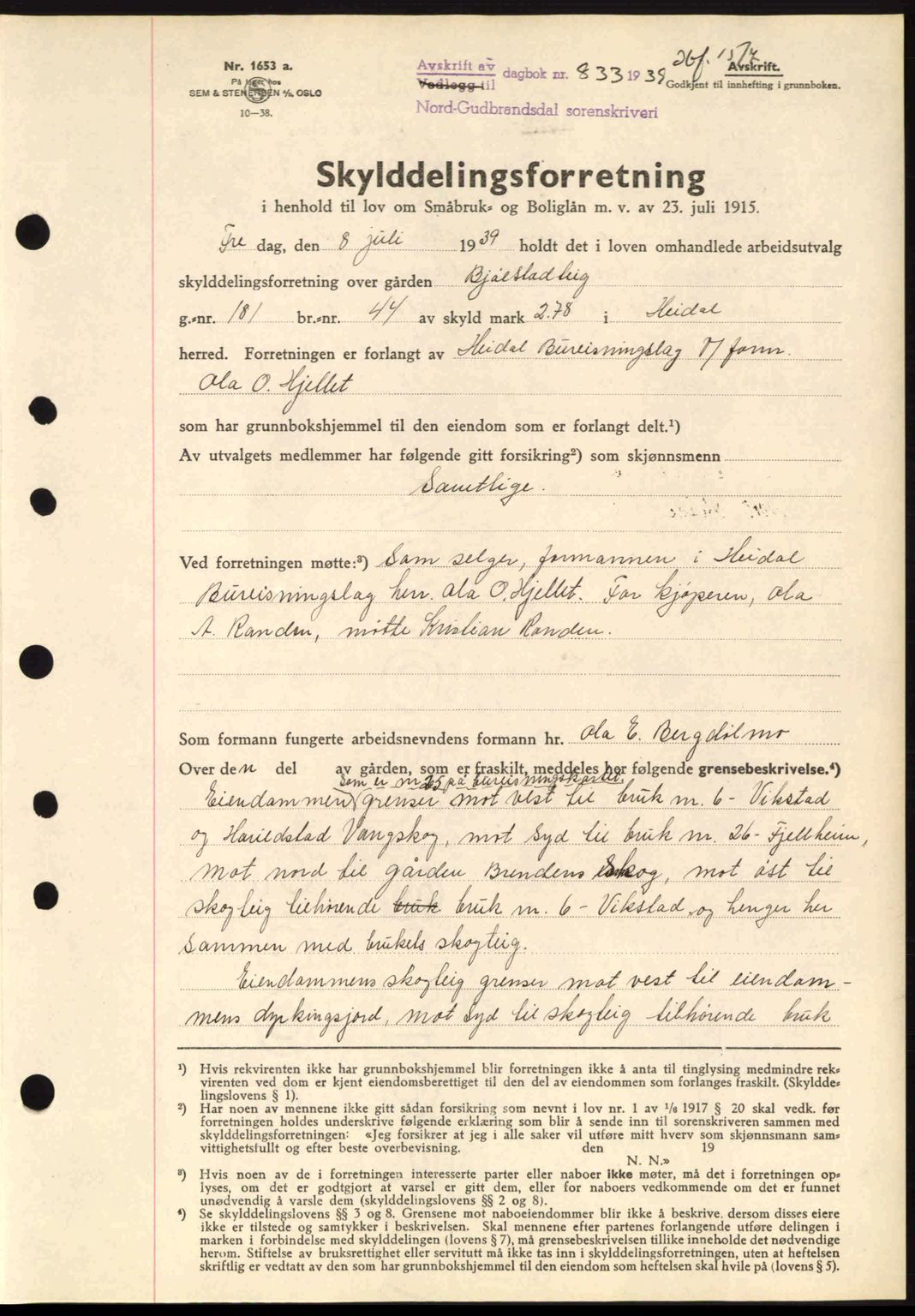 Nord-Gudbrandsdal tingrett, SAH/TING-002/H/Hb/Hbb/L0005: Pantebok nr. FA5, 1939-1940, Dagboknr: 833/1939