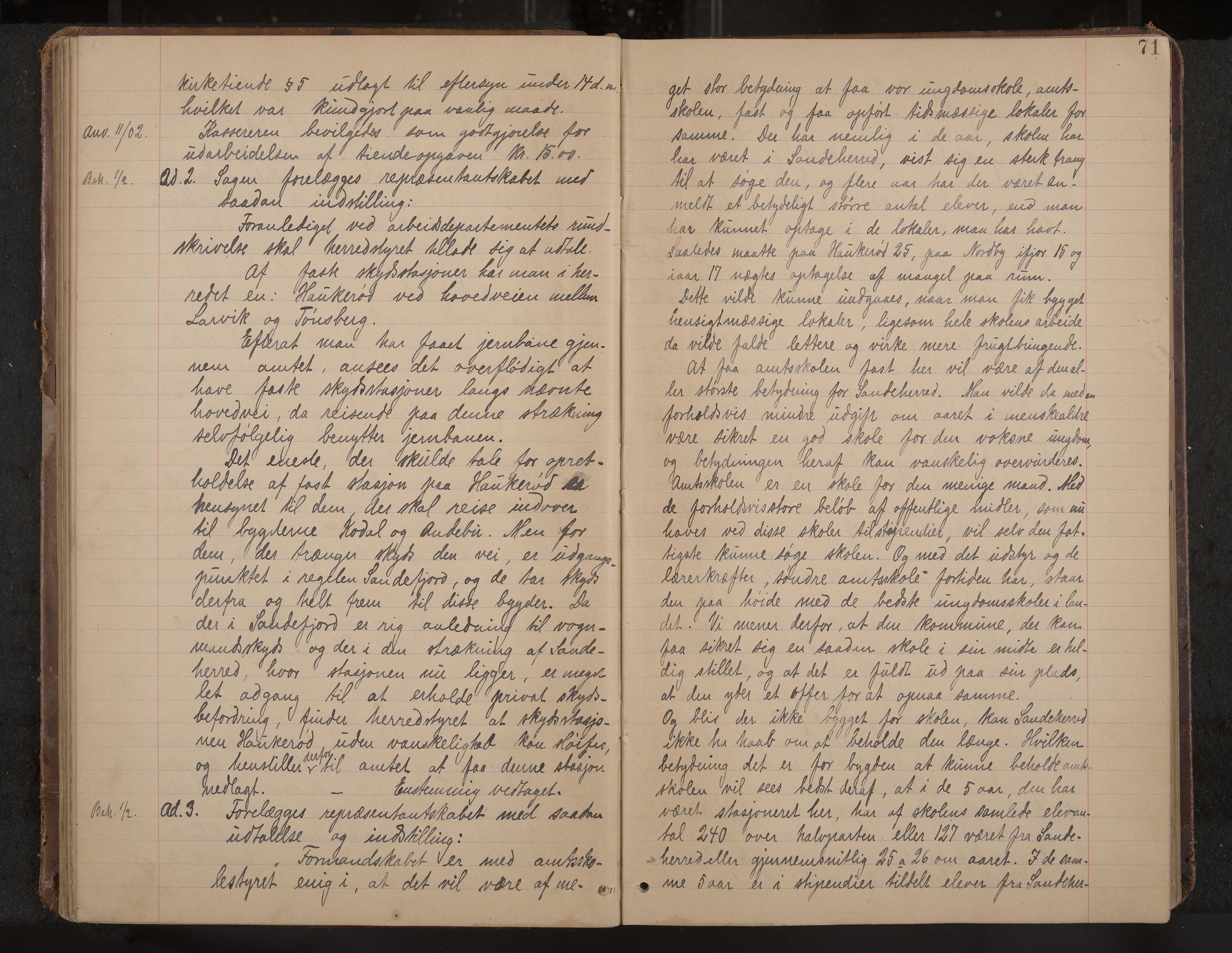 Sandar formannskap og sentraladministrasjon, IKAK/0724021/A/Aa/L0003: Møtebok med register, 1900-1907, s. 71