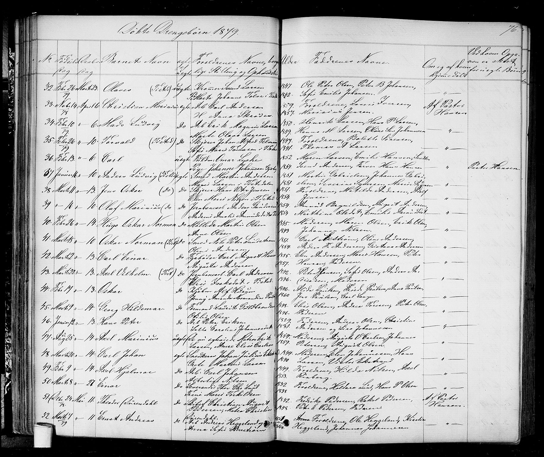 Halden prestekontor Kirkebøker, AV/SAO-A-10909/G/Ga/L0006: Klokkerbok nr. 6, 1869-1884, s. 76