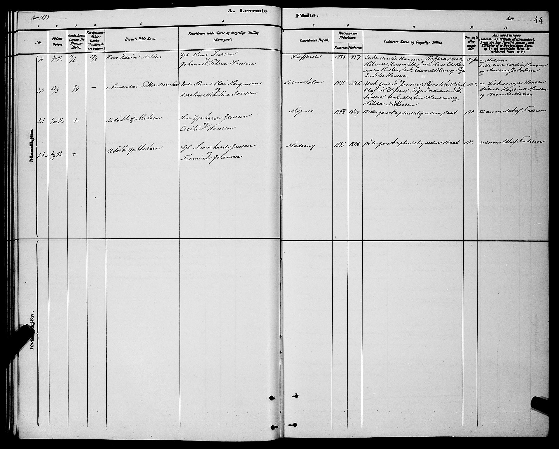 Lenvik sokneprestembete, SATØ/S-1310/H/Ha/Hab/L0021klokker: Klokkerbok nr. 21, 1884-1900, s. 44