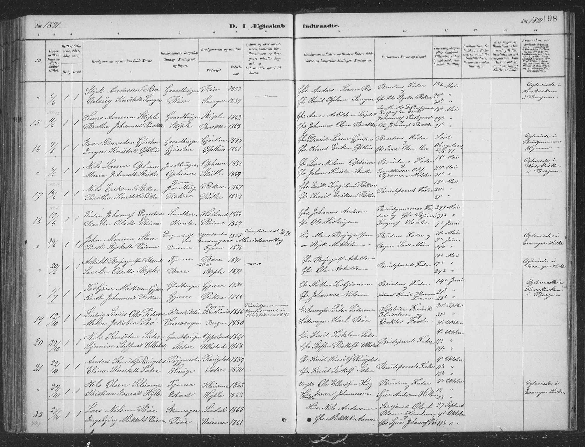 Voss sokneprestembete, AV/SAB-A-79001/H/Hab: Klokkerbok nr. B 3, 1879-1894, s. 198