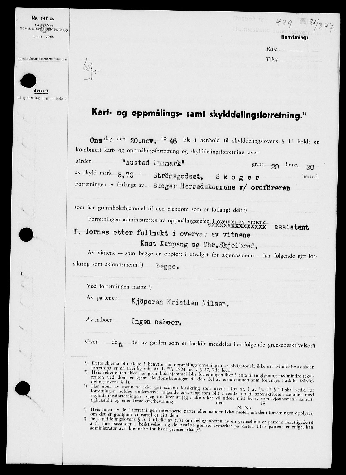Holmestrand sorenskriveri, SAKO/A-67/G/Ga/Gaa/L0061: Pantebok nr. A-61, 1946-1947, Dagboknr: 499/1947