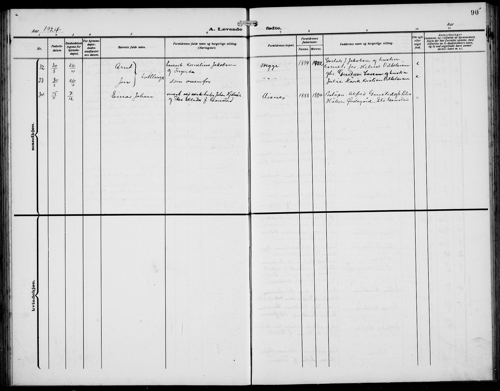 Avaldsnes sokneprestkontor, AV/SAST-A -101851/H/Ha/Hab/L0008: Klokkerbok nr. B 8, 1910-1939, s. 90