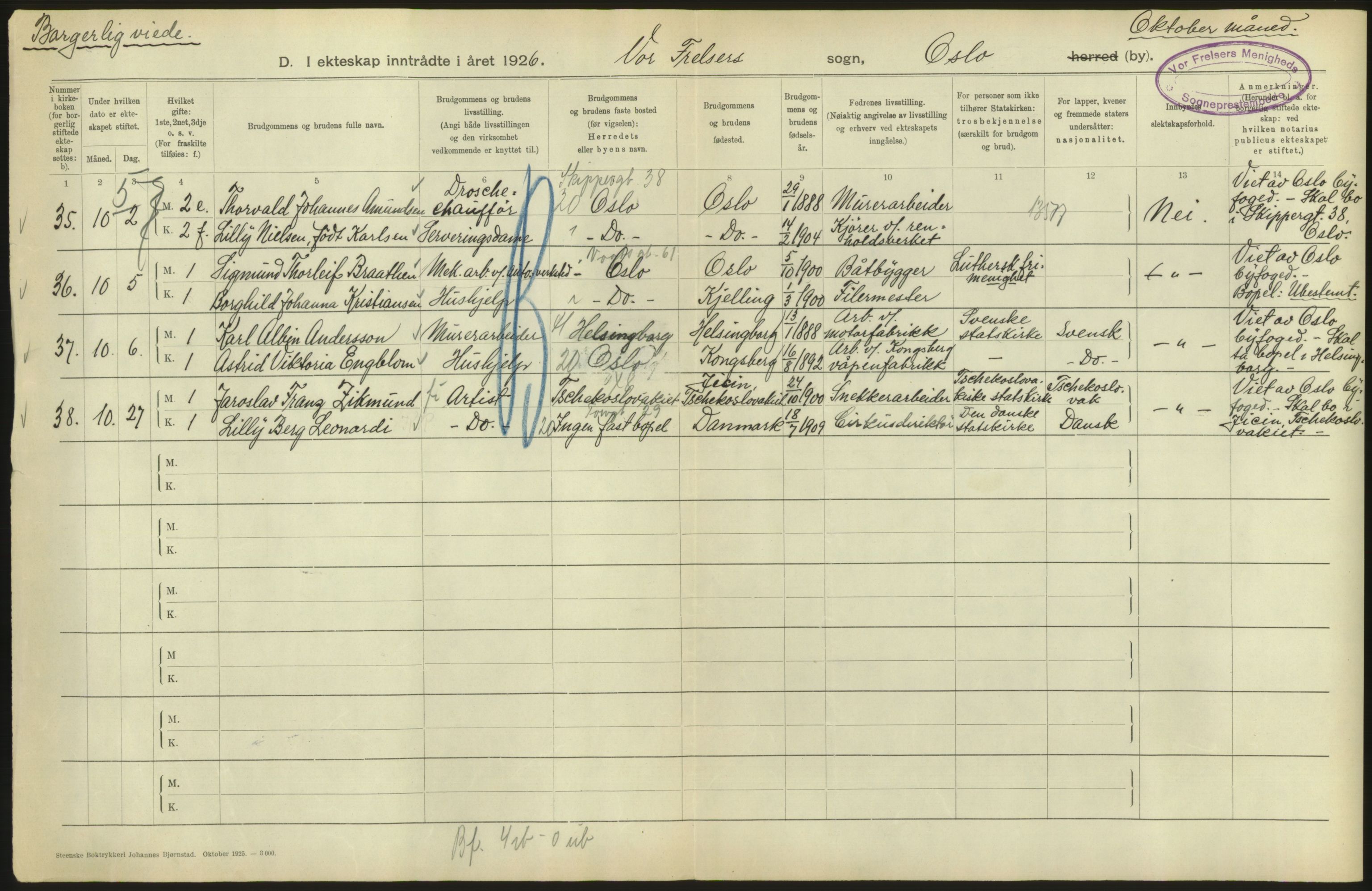 Statistisk sentralbyrå, Sosiodemografiske emner, Befolkning, AV/RA-S-2228/D/Df/Dfc/Dfcf/L0008: Oslo: Gifte, 1926, s. 130