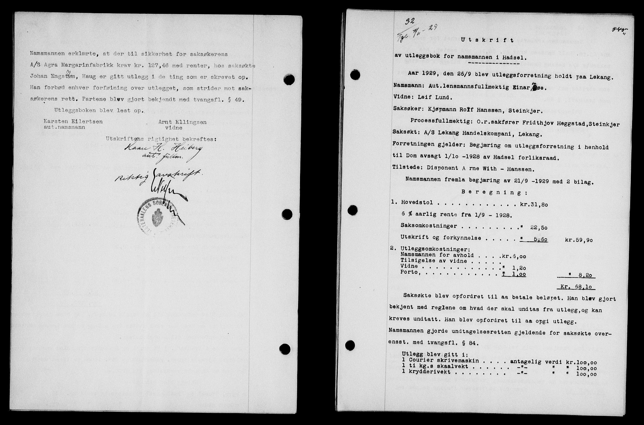 Vesterålen sorenskriveri, SAT/A-4180/1/2/2Ca/L0050: Pantebok nr. 43, 1929-1930, Tingl.dato: 07.11.1929