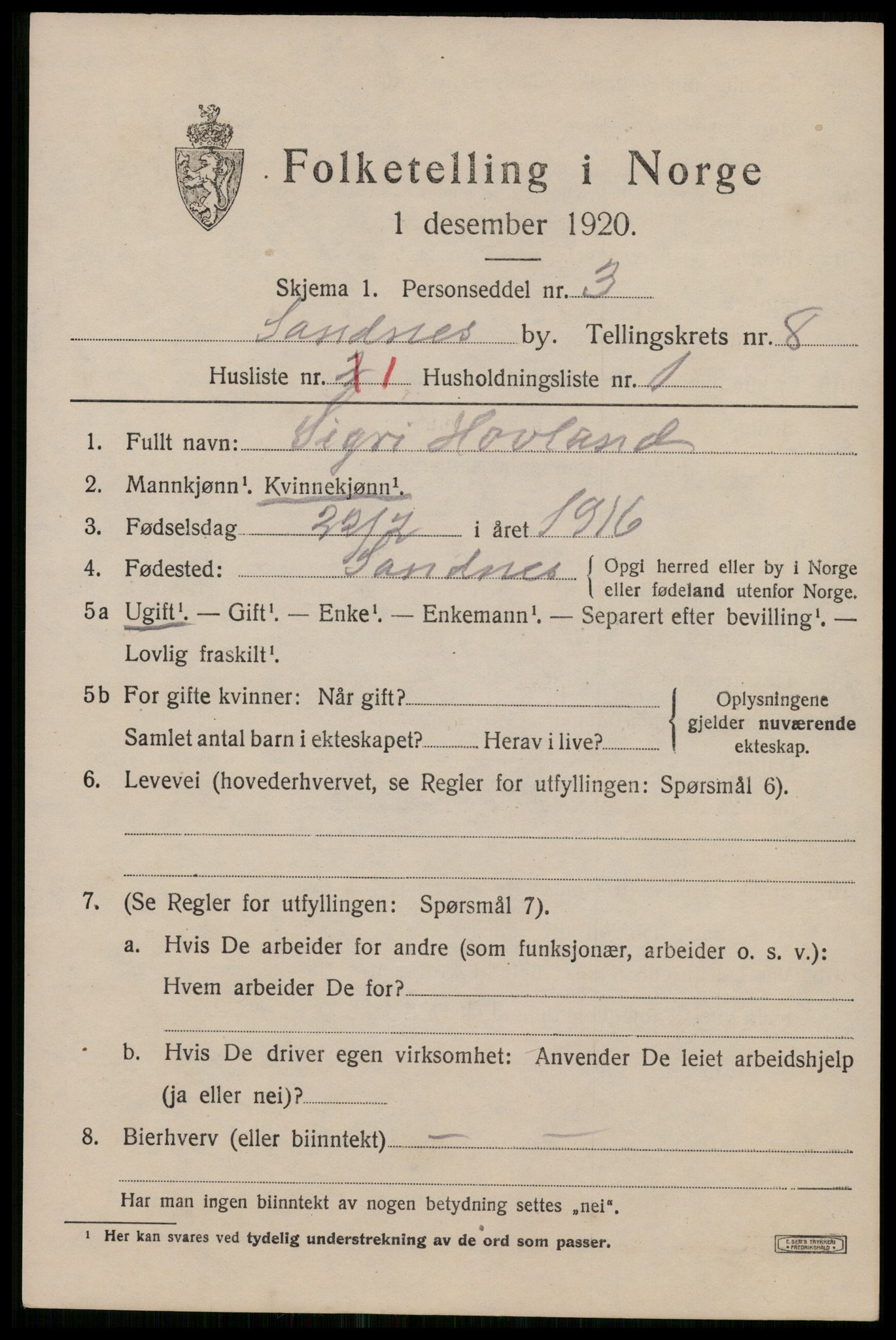 SAST, Folketelling 1920 for 1102 Sandnes ladested, 1920, s. 5794