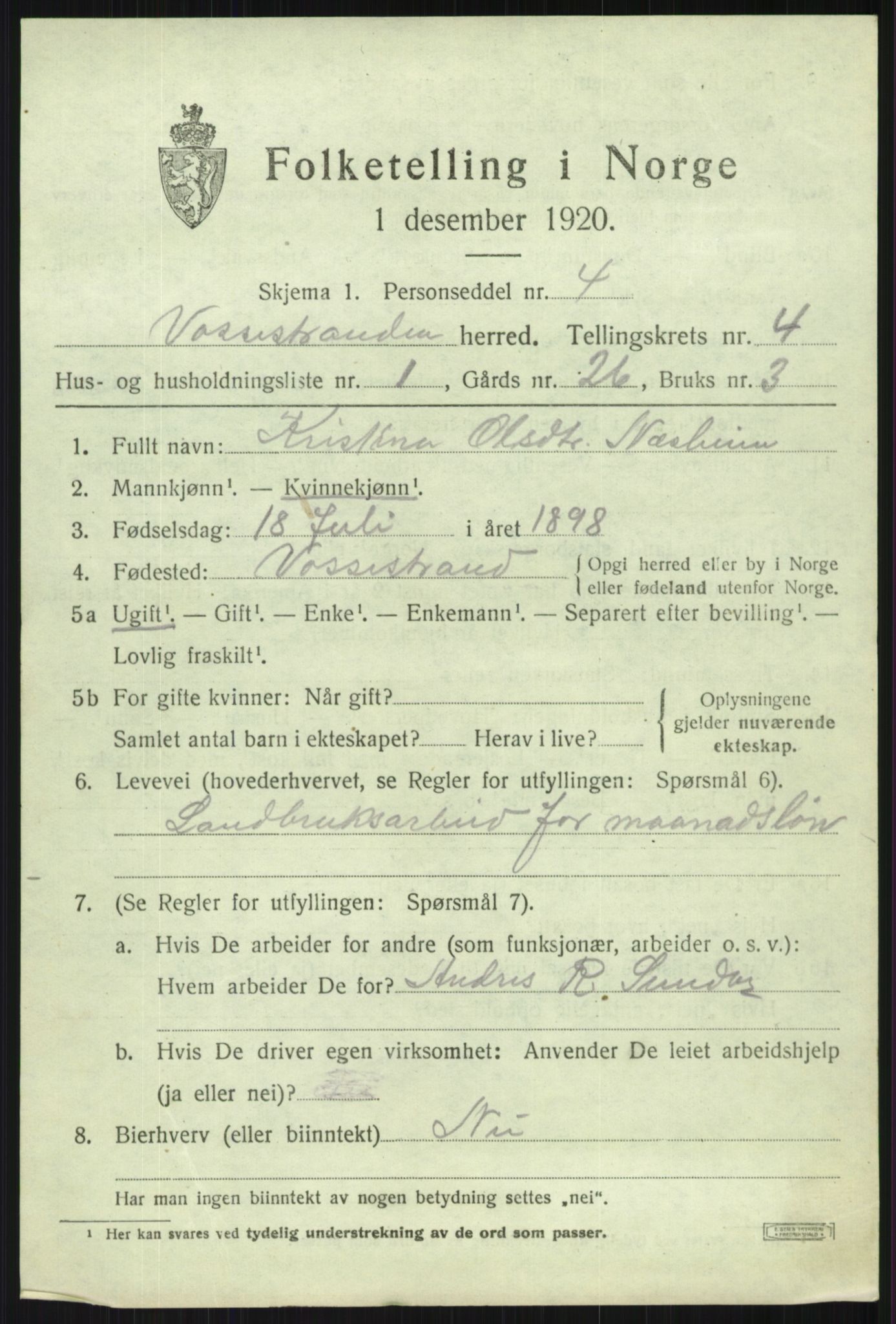 SAB, Folketelling 1920 for 1236 Vossestrand herred, 1920, s. 2000