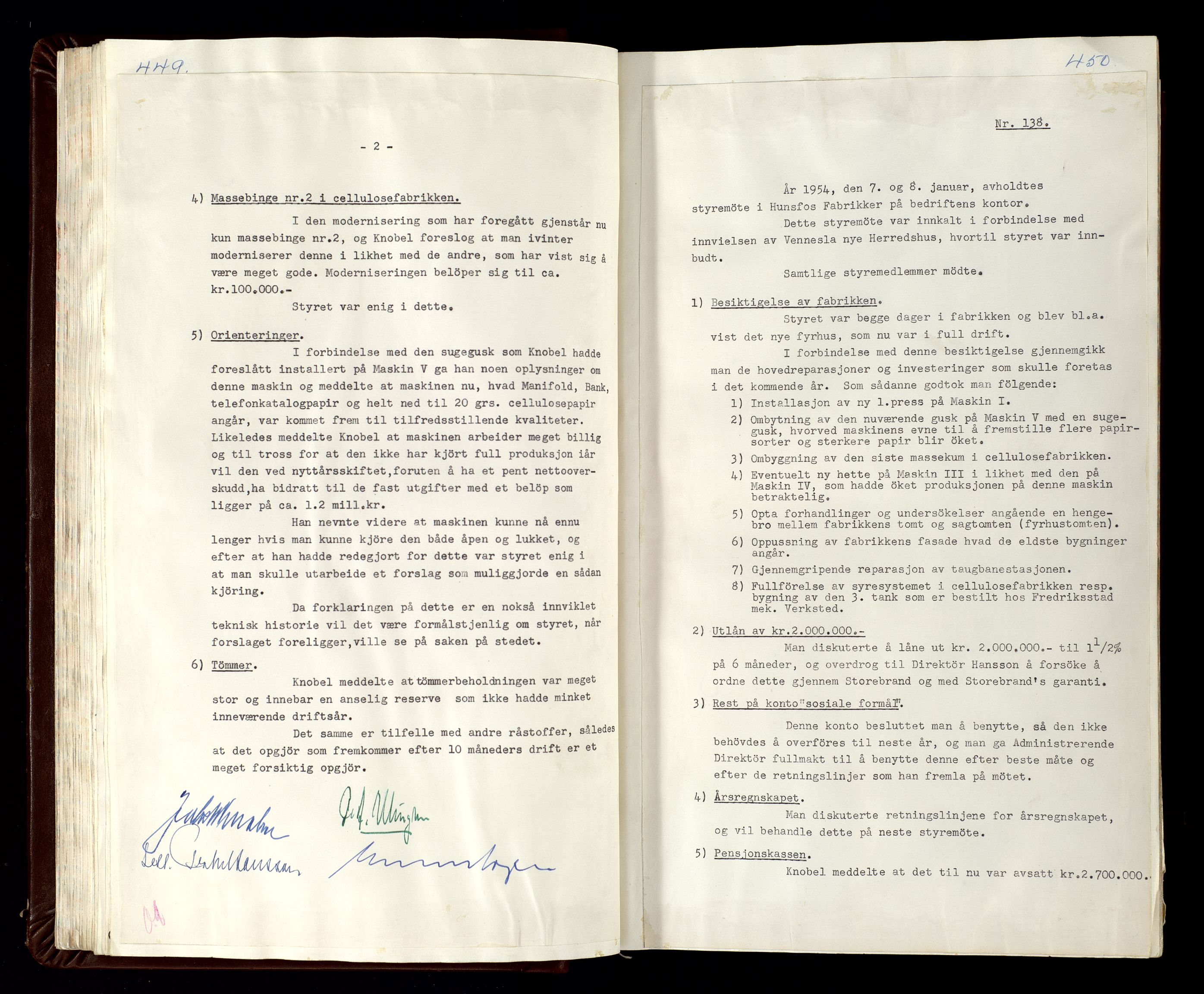 Hunsfos fabrikker, SAK/D/1440/02/L0007: Referatprotokoll fra styremøter (møte nr 114-221), 1951-1964, s. 449-450
