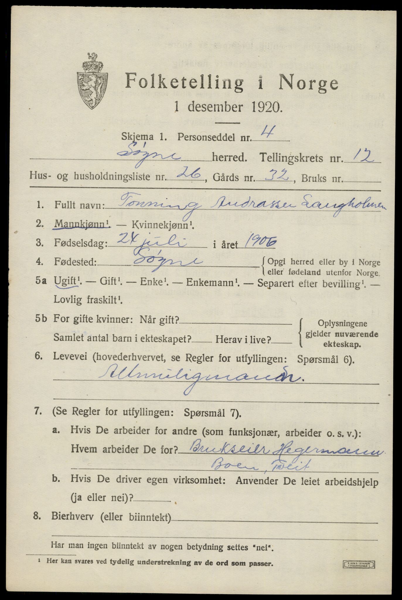 SAK, Folketelling 1920 for 1018 Søgne herred, 1920, s. 6183