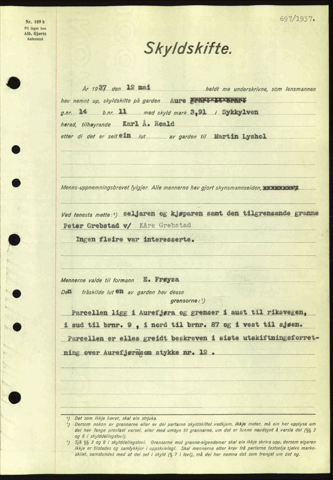 Nordre Sunnmøre sorenskriveri, AV/SAT-A-0006/1/2/2C/2Ca: Pantebok nr. A2, 1936-1937, Dagboknr: 697/1937