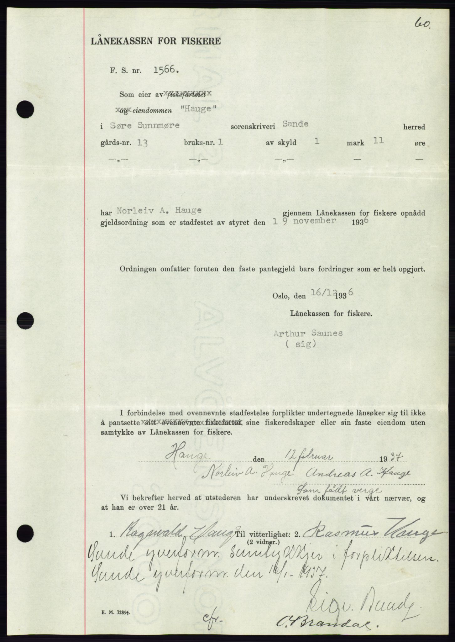 Søre Sunnmøre sorenskriveri, AV/SAT-A-4122/1/2/2C/L0063: Pantebok nr. 57, 1937-1937, Dagboknr: 642/1937