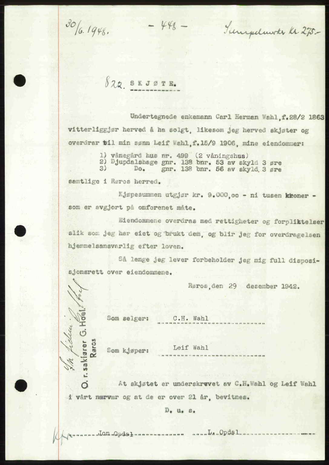 Gauldal sorenskriveri, SAT/A-0014/1/2/2C: Pantebok nr. A6, 1948-1948, Dagboknr: 822/1948