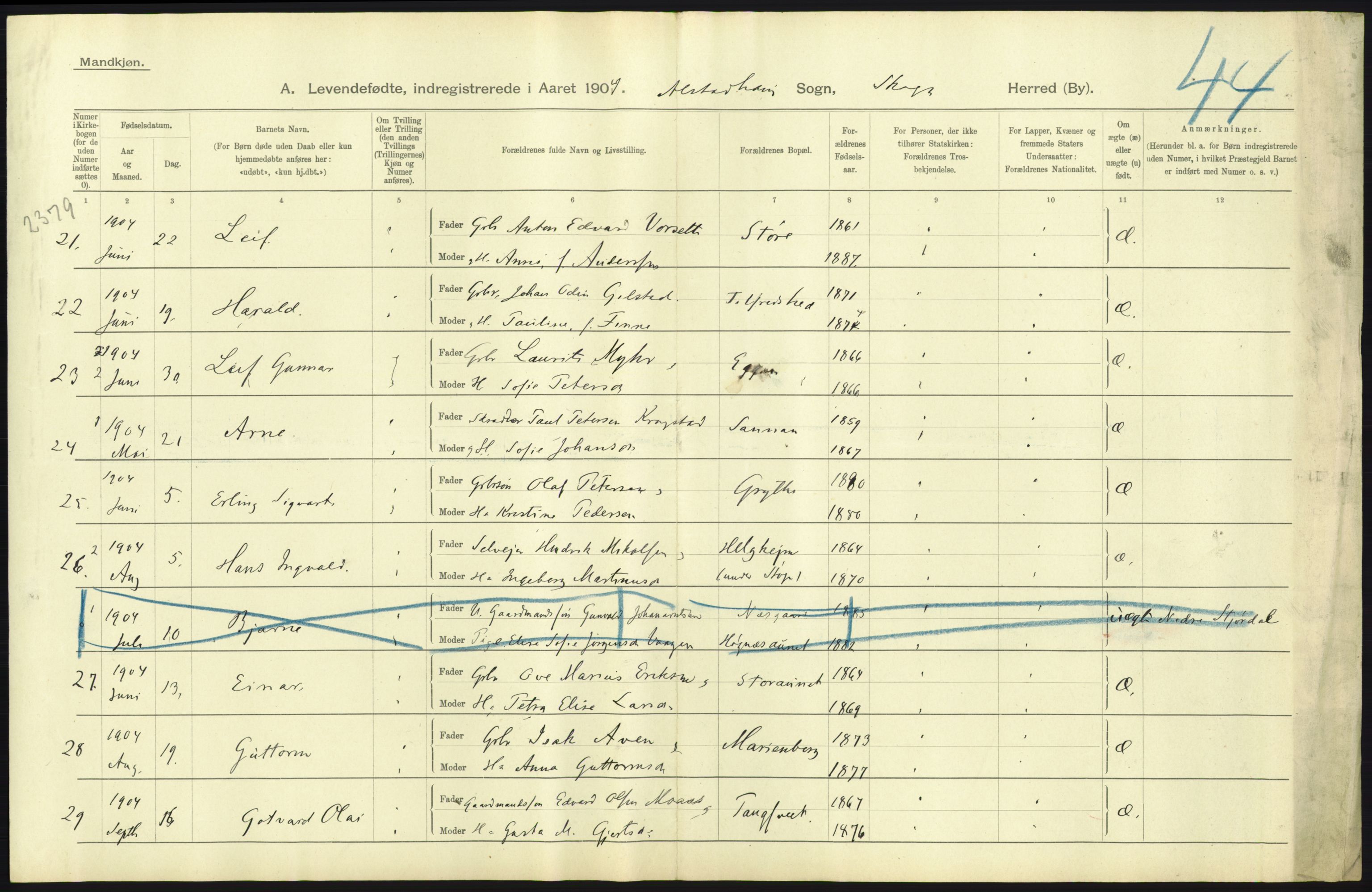 Statistisk sentralbyrå, Sosiodemografiske emner, Befolkning, AV/RA-S-2228/D/Df/Dfa/Dfab/L0019: Nordre Trondhjems amt: Fødte, gifte, døde, 1904, s. 123