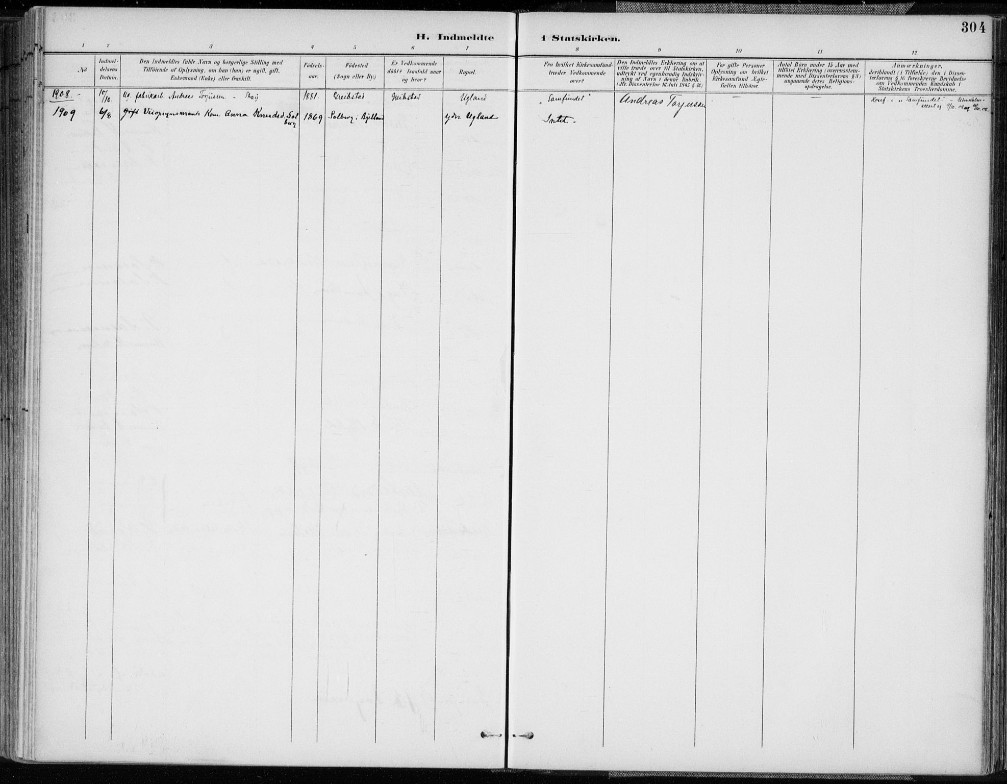 Oddernes sokneprestkontor, SAK/1111-0033/F/Fa/Faa/L0010: Ministerialbok nr. A 10, 1897-1911, s. 304