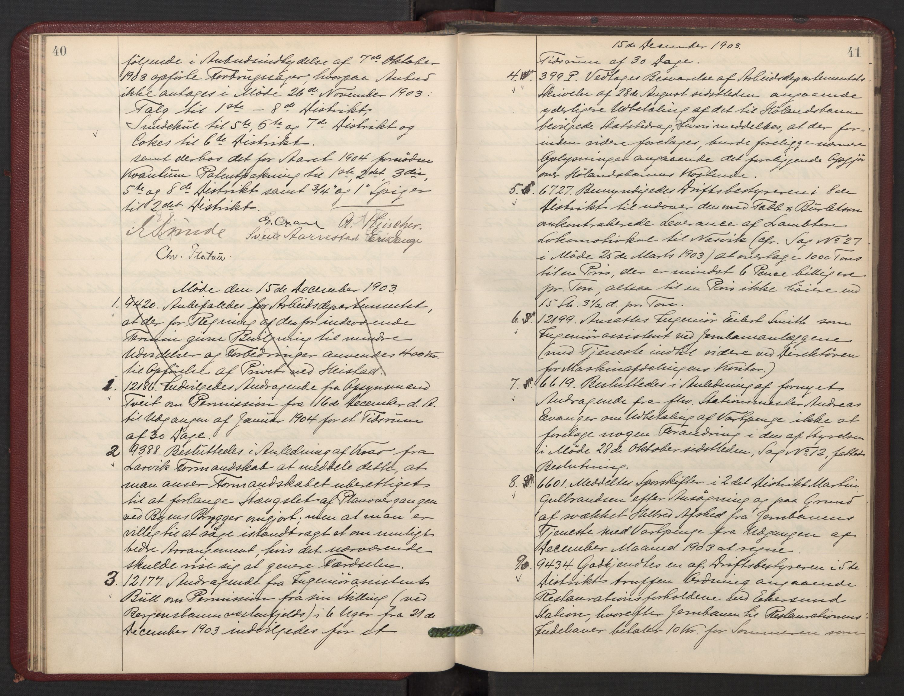 Norges statsbaner, Administrasjons- økonomi- og personalavdelingen, AV/RA-S-3412/A/Aa/L0007: Forhandlingsprotokoll, 1903-1905, s. 40-41