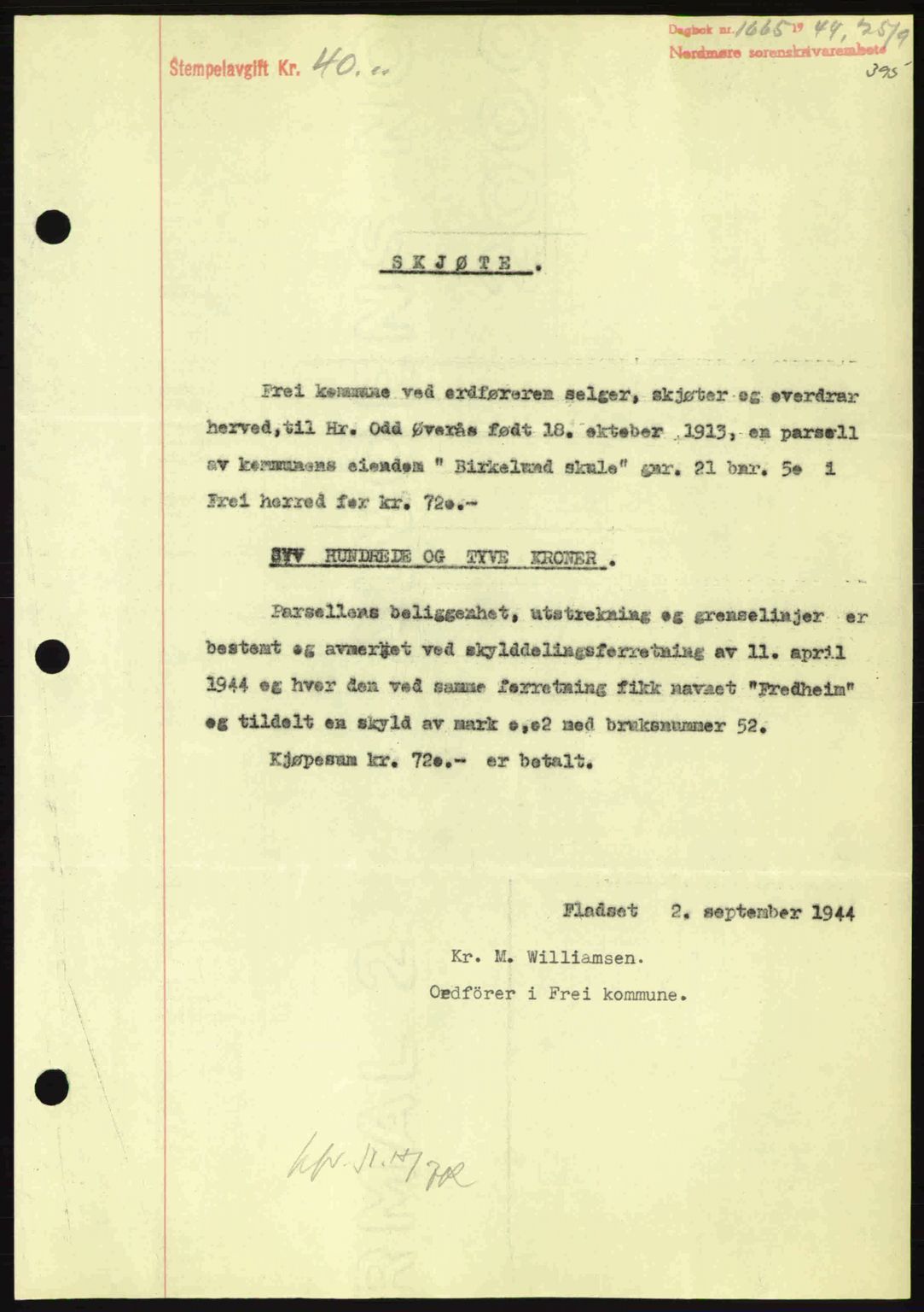 Nordmøre sorenskriveri, SAT/A-4132/1/2/2Ca: Pantebok nr. A98, 1944-1944, Dagboknr: 1665/1944