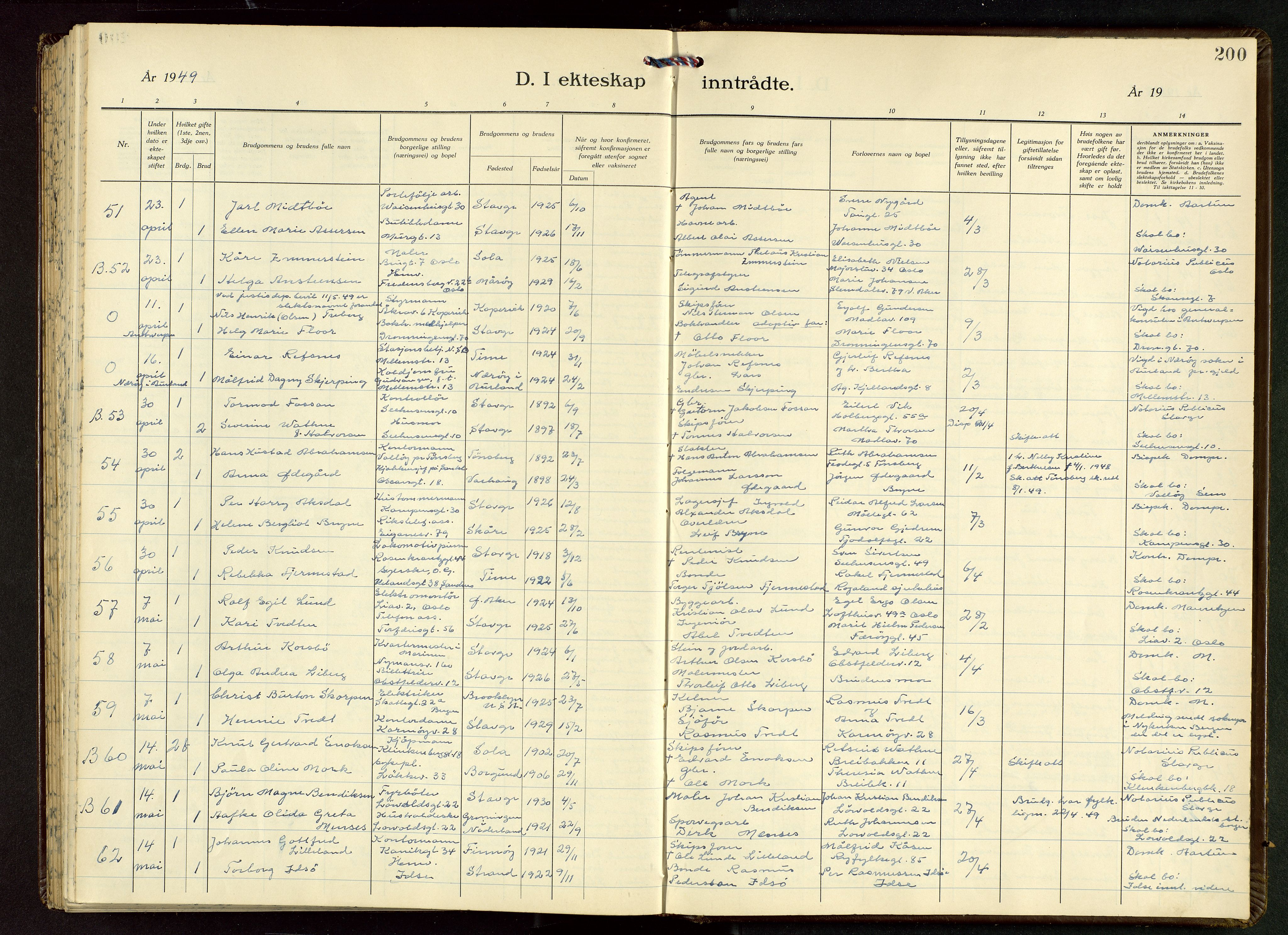 Domkirken sokneprestkontor, AV/SAST-A-101812/001/30/30BB/L0022: Klokkerbok nr. B 22, 1937-1949, s. 200