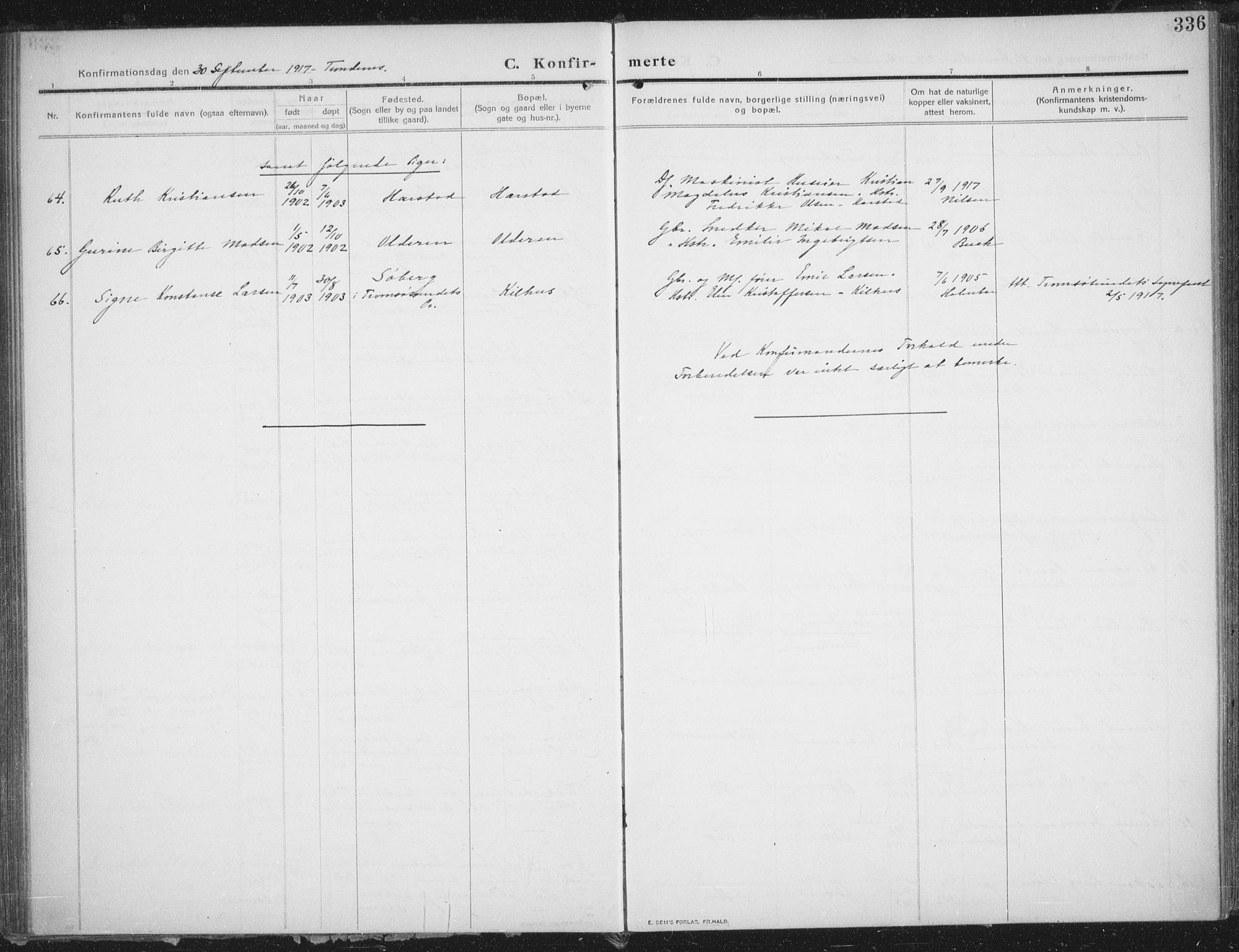 Trondenes sokneprestkontor, AV/SATØ-S-1319/H/Ha/L0018kirke: Ministerialbok nr. 18, 1909-1918, s. 336