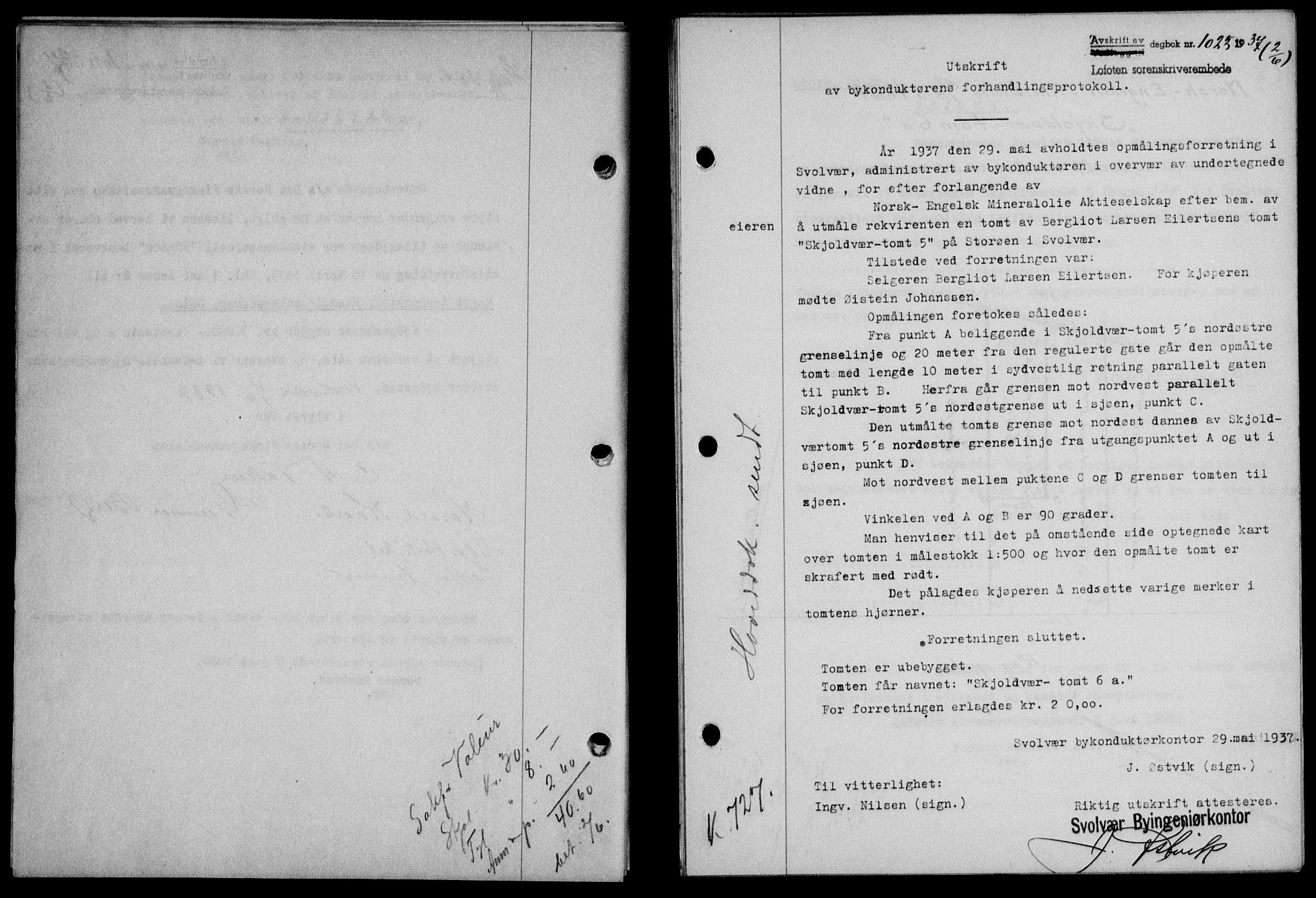 Lofoten sorenskriveri, SAT/A-0017/1/2/2C/L0002a: Pantebok nr. 2a, 1937-1937, Dagboknr: 1023/1937