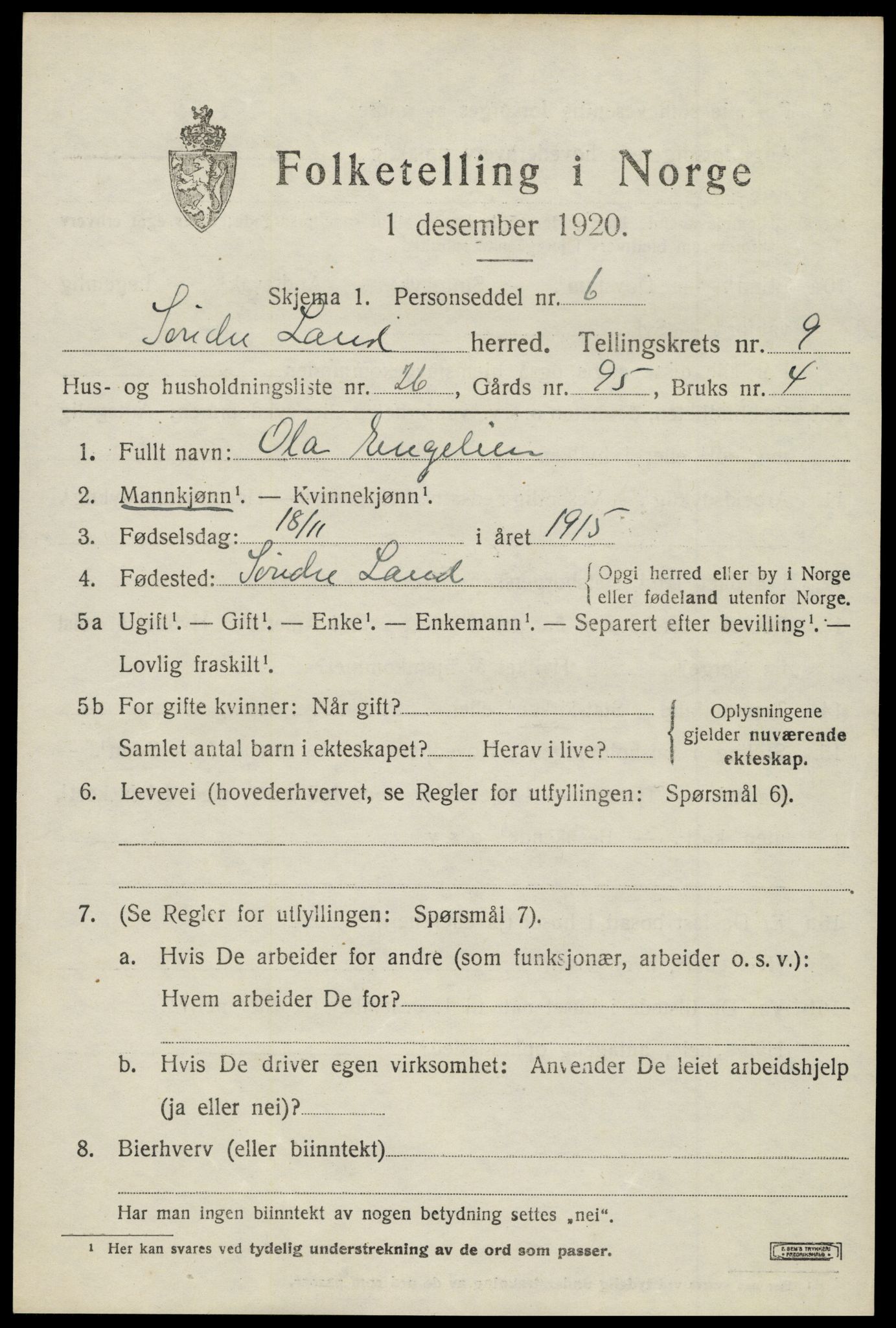 SAH, Folketelling 1920 for 0536 Søndre Land herred, 1920, s. 8487