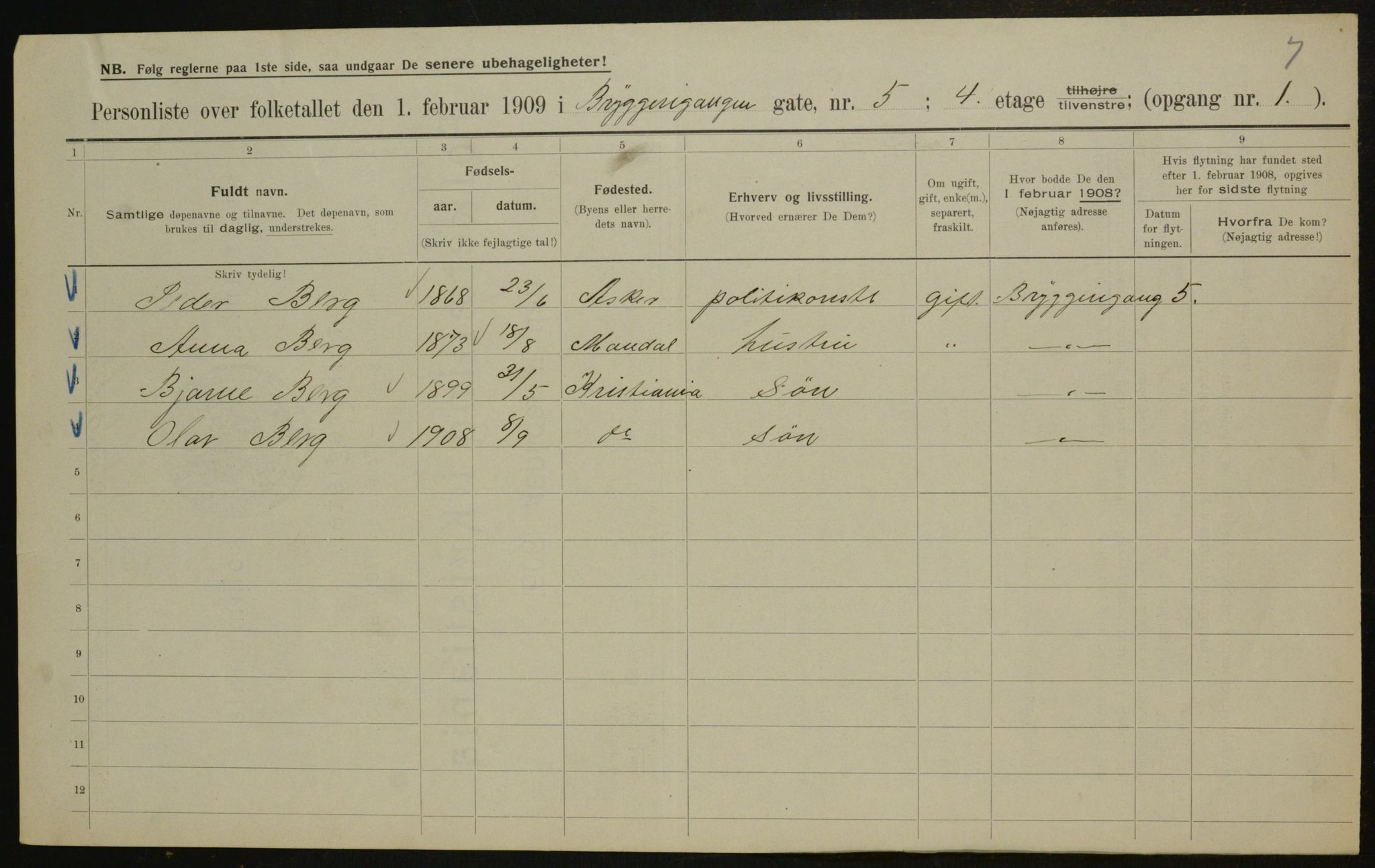 OBA, Kommunal folketelling 1.2.1909 for Kristiania kjøpstad, 1909, s. 39430