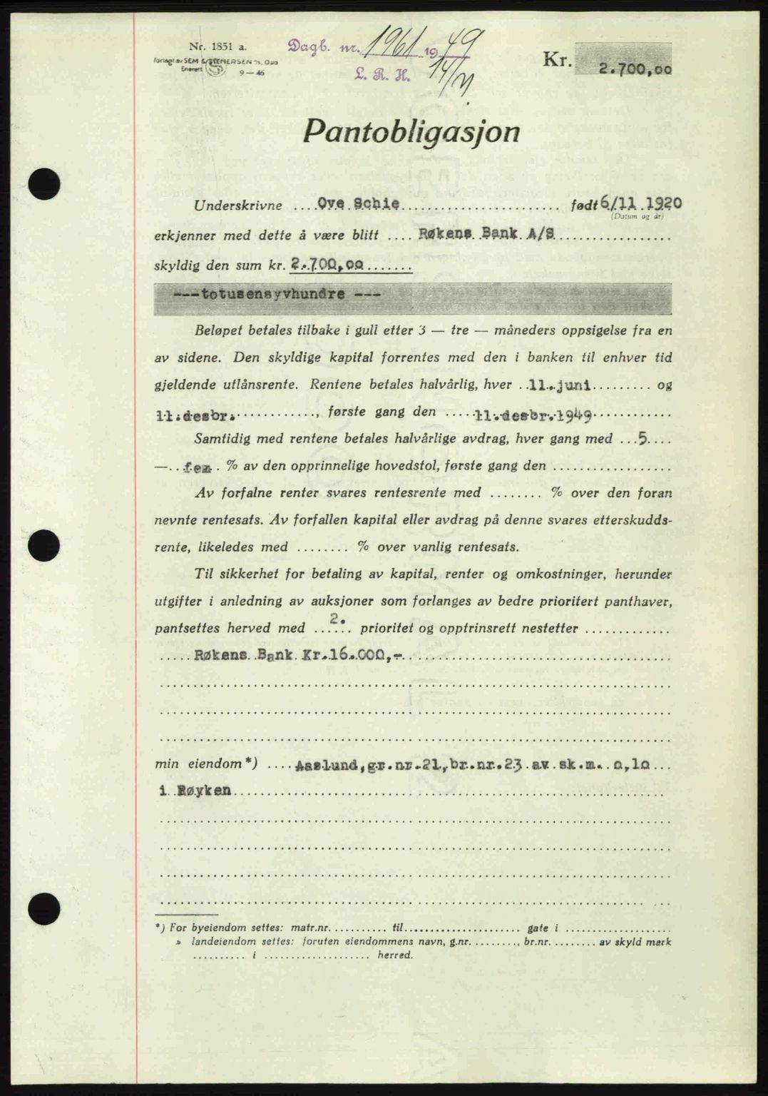 Lier, Røyken og Hurum sorenskriveri, SAKO/A-89/G/Ga/Gab/L0101: Pantebok nr. 101, 1949-1949, Dagboknr: 1961/1949