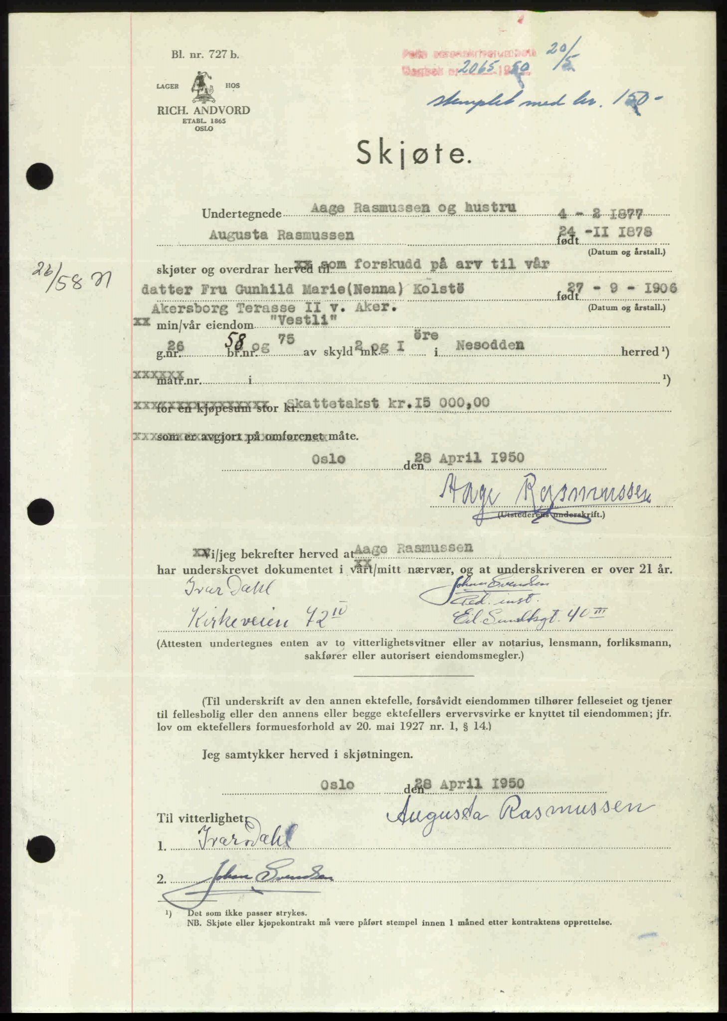 Follo sorenskriveri, SAO/A-10274/G/Ga/Gaa/L0092: Pantebok nr. I 92, 1950-1950, Dagboknr: 2065/1950