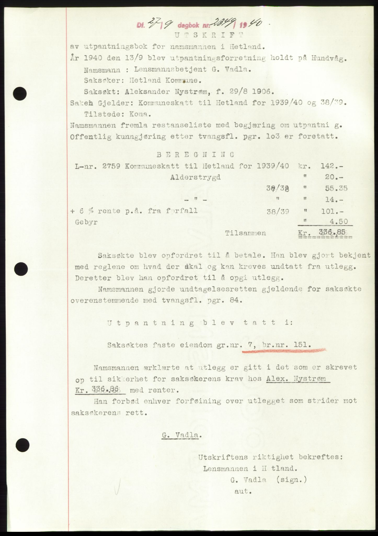 Jæren sorenskriveri, SAST/A-100310/03/G/Gba/L0078: Pantebok, 1940-1940, Dagboknr: 2349/1940