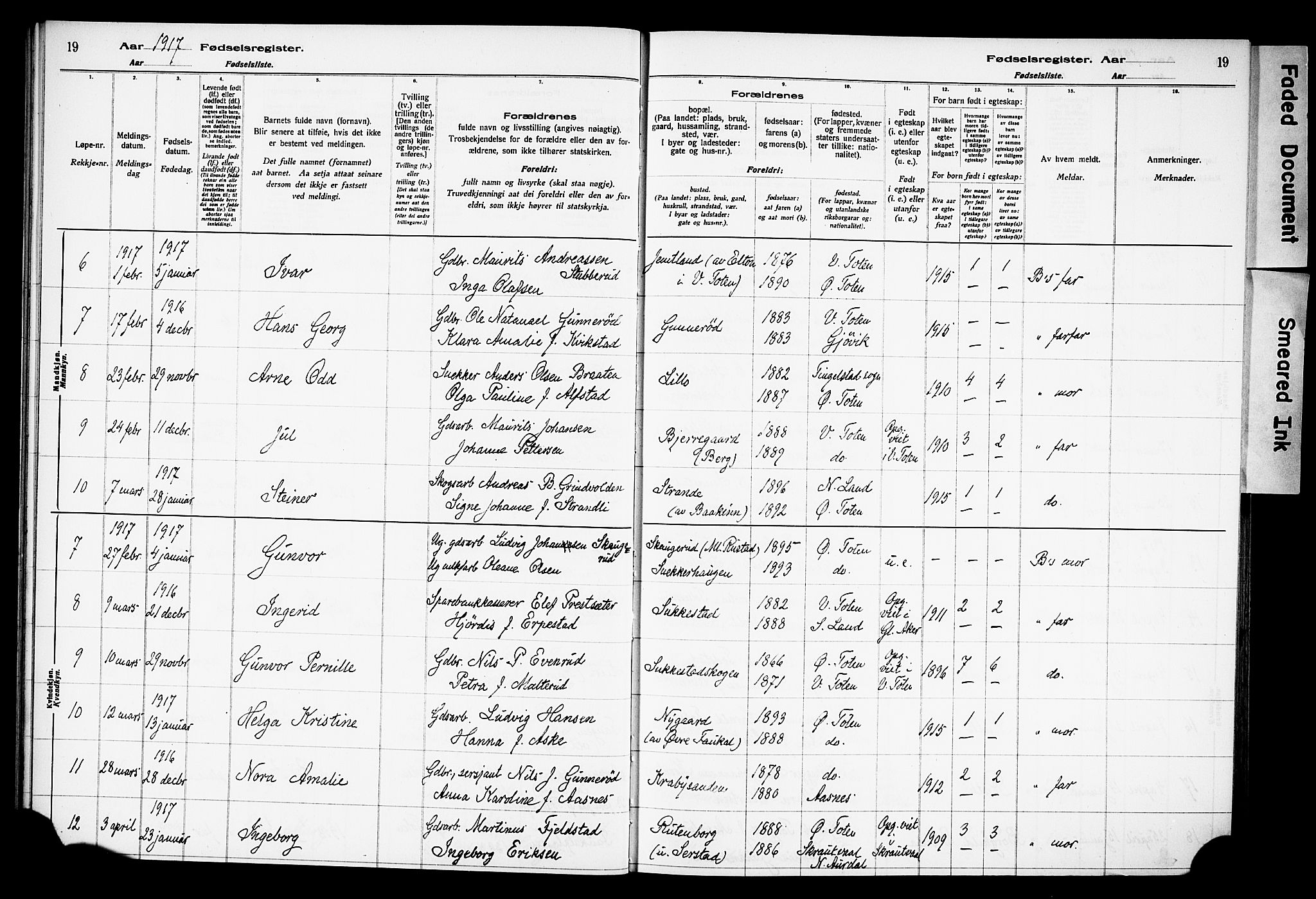 Østre Toten prestekontor, AV/SAH-PREST-104/I/Id/L0001/0001: Fødselsregister nr. 1.1, 1916-1928, s. 19