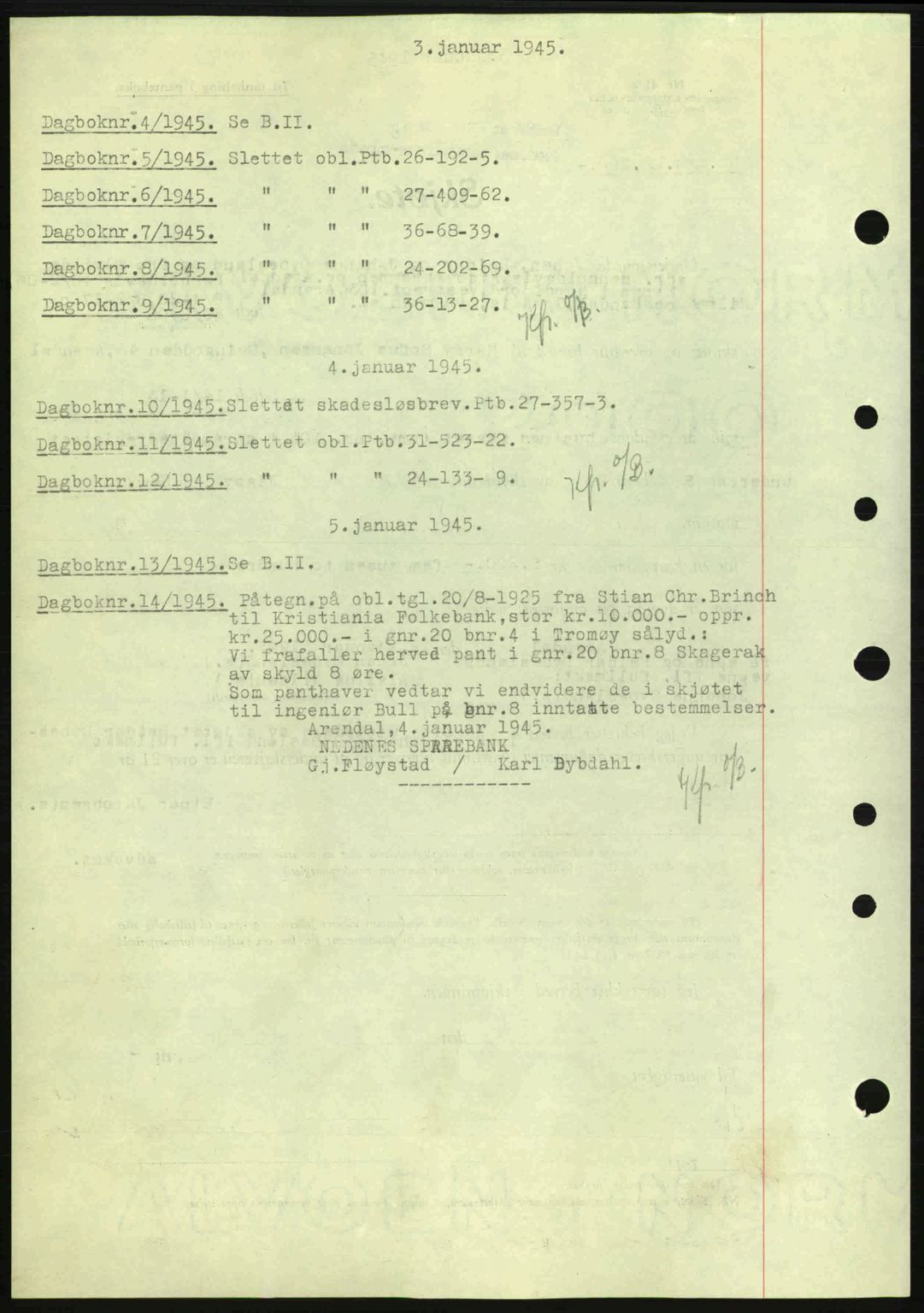 Nedenes sorenskriveri, SAK/1221-0006/G/Gb/Gba/L0052: Pantebok nr. A6a, 1944-1945, Dagboknr: 4/1945
